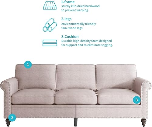 Miniatura 4 de CECER Juego de sofá de 3 piezas para sala de estar, juego de sofá de tela de lino con ribete de cabeza de clavo, moderno sofá modular tapizado de 6