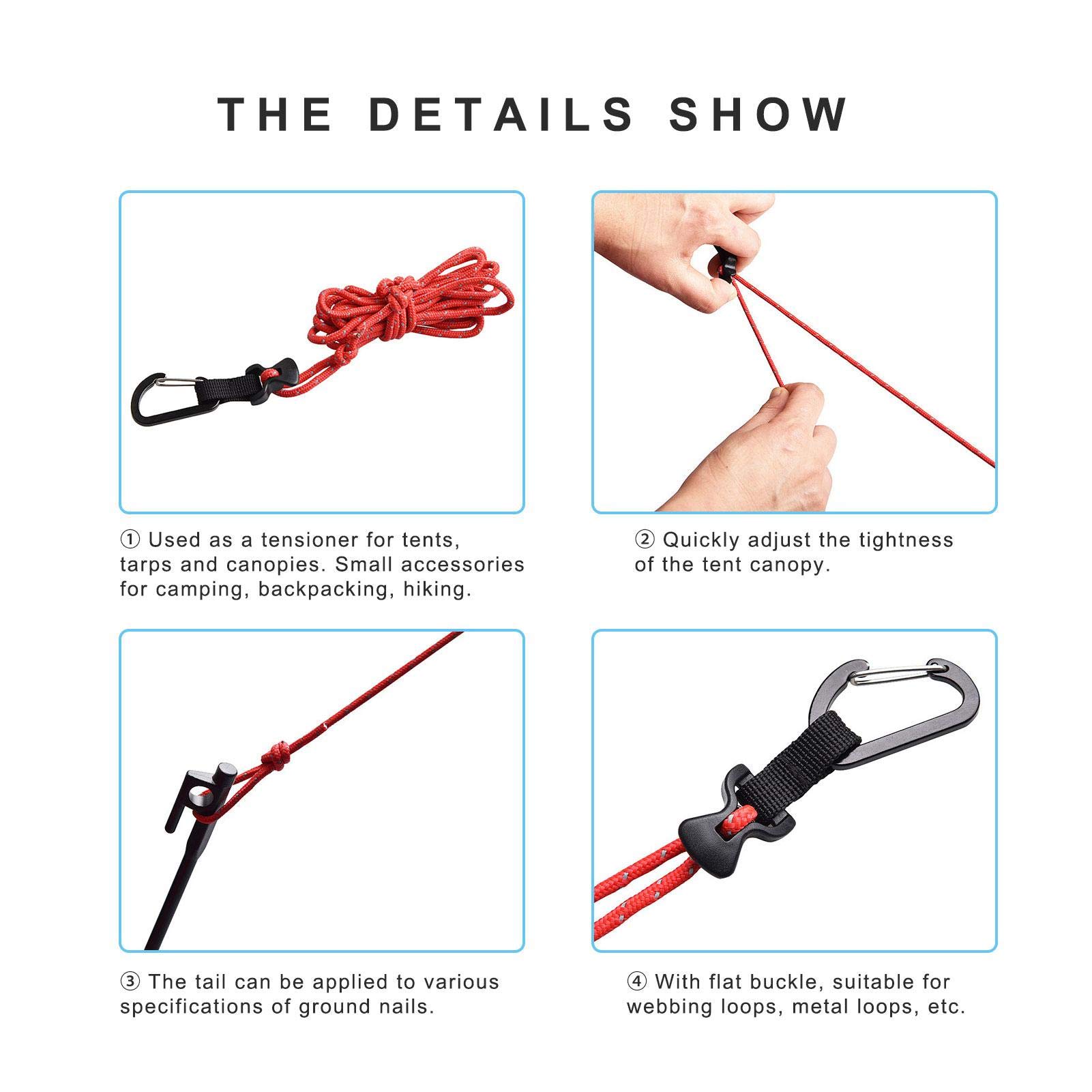 courti 4 Tent Camping Rope, Reflective Cord Guy, 98.43inch/2.5m Long Guy Ropes Windproof Tent Guide Rope With Hook - Image 7