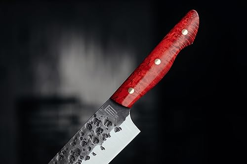 Miniatura 5 de Cuchillo de chef verdaderamente hecho a mano cuchillo de cocina gyuto forjado a mano (acero D2 tratado con crio, rojo)