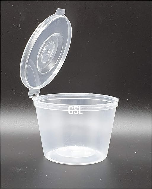 GSL 100ml 4oz Food Storage Grade Hinged Lid Plastic Containers, Deli Sauce Pot (50)