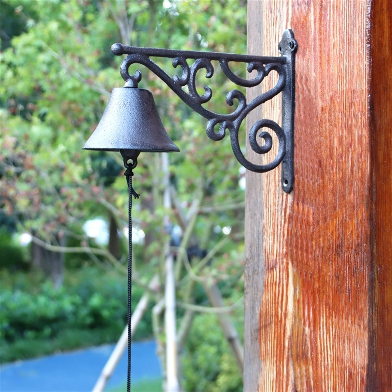 doorbell, Wall Hanging Doorbell Antique Triangle Rack With Hollow Whirl Design Cast Iron Hand Bells