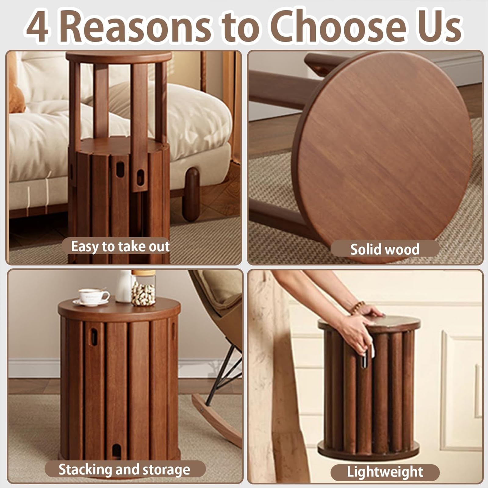 Set di 4 sgabelli impilabili, in legno massiccio, multiuso, design salvaspazio, non richiede installazione, per soggiorno, camera da letto o balcone