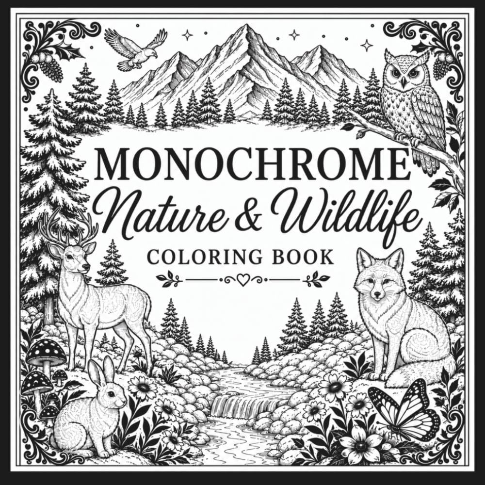 Monochrome Nature and Wildlife Coloring Book: 40 Bold and Easy One-Color Scenes for Adults, Seniors and Teens. Forest Animals, Woodland Creatures, ... for Relaxation (Monochrome Coloring Series)