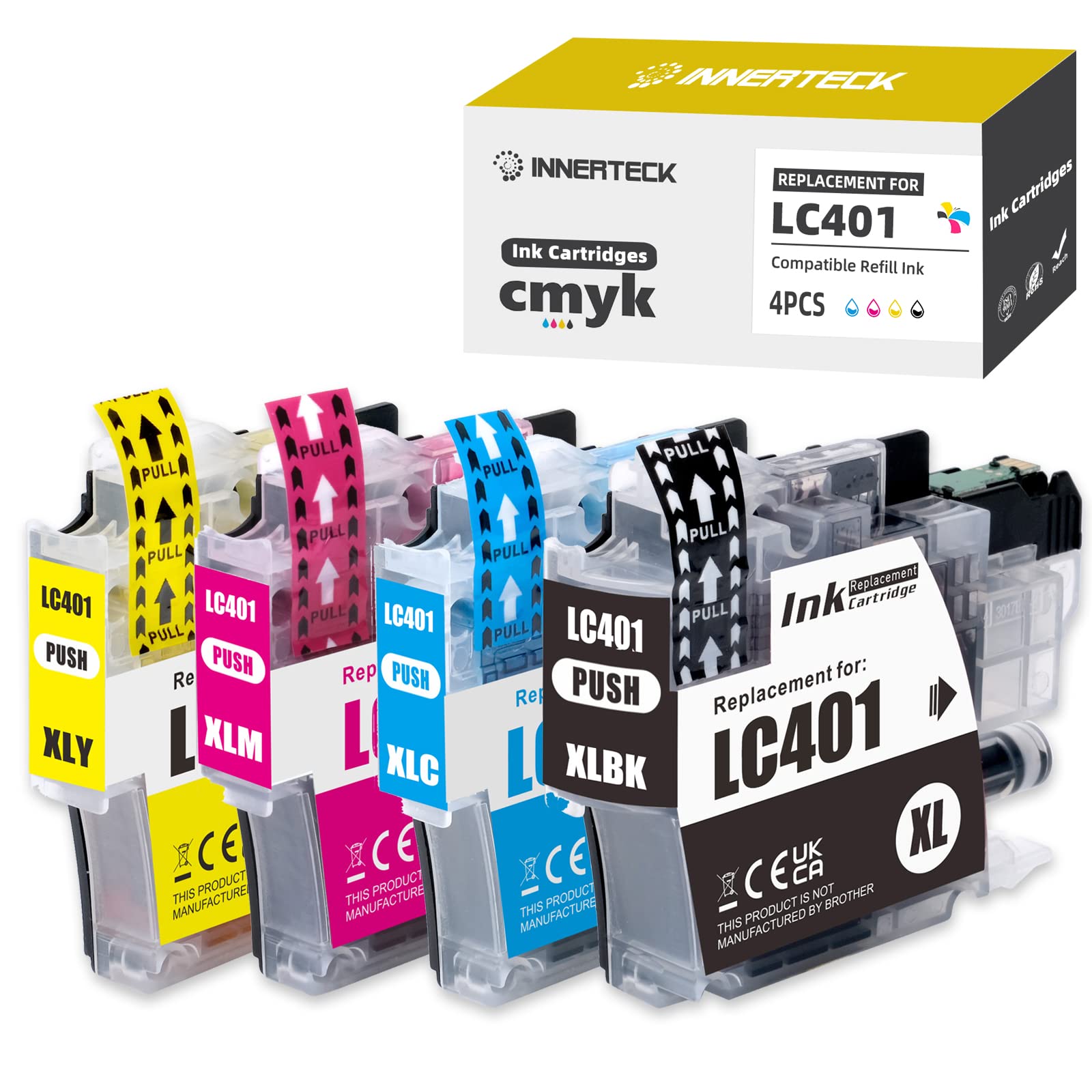 INNERTECKCompatible Ink Cartridges Replacement for Brother LC401XL Ink Cartridges High Yield Work for Brother MFC-J1010DW MFC-J1012DW MFC-J1170DW Printers. (BK/C/M/Y) – 4 Pack