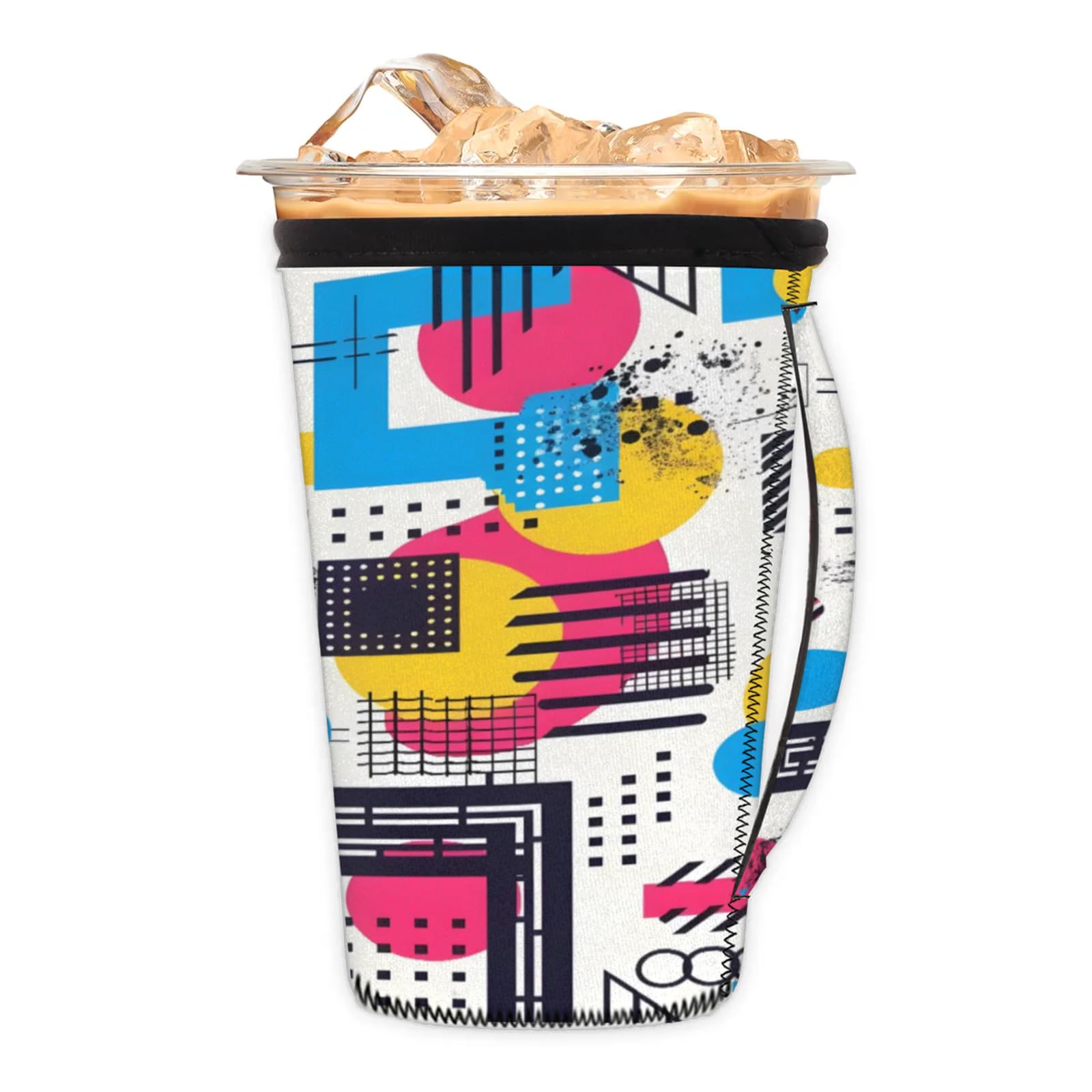 Round Square Geometric Color Reusable Neoprene Coffee Sleeve with Handle Insulated Iced Coffee Cup Holder Reduces Condensation Fits 24-28 oz Cups M