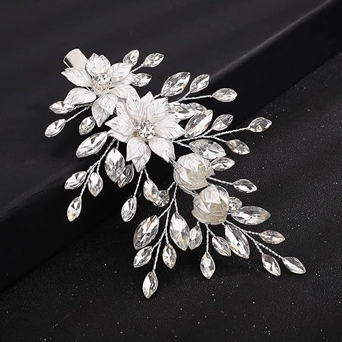 Teyglen Pinzas para el cabello de cristal con flores para novia, horquillas para el cabello de hoja dorada y plateada, pasador de pelo hecho a mano,