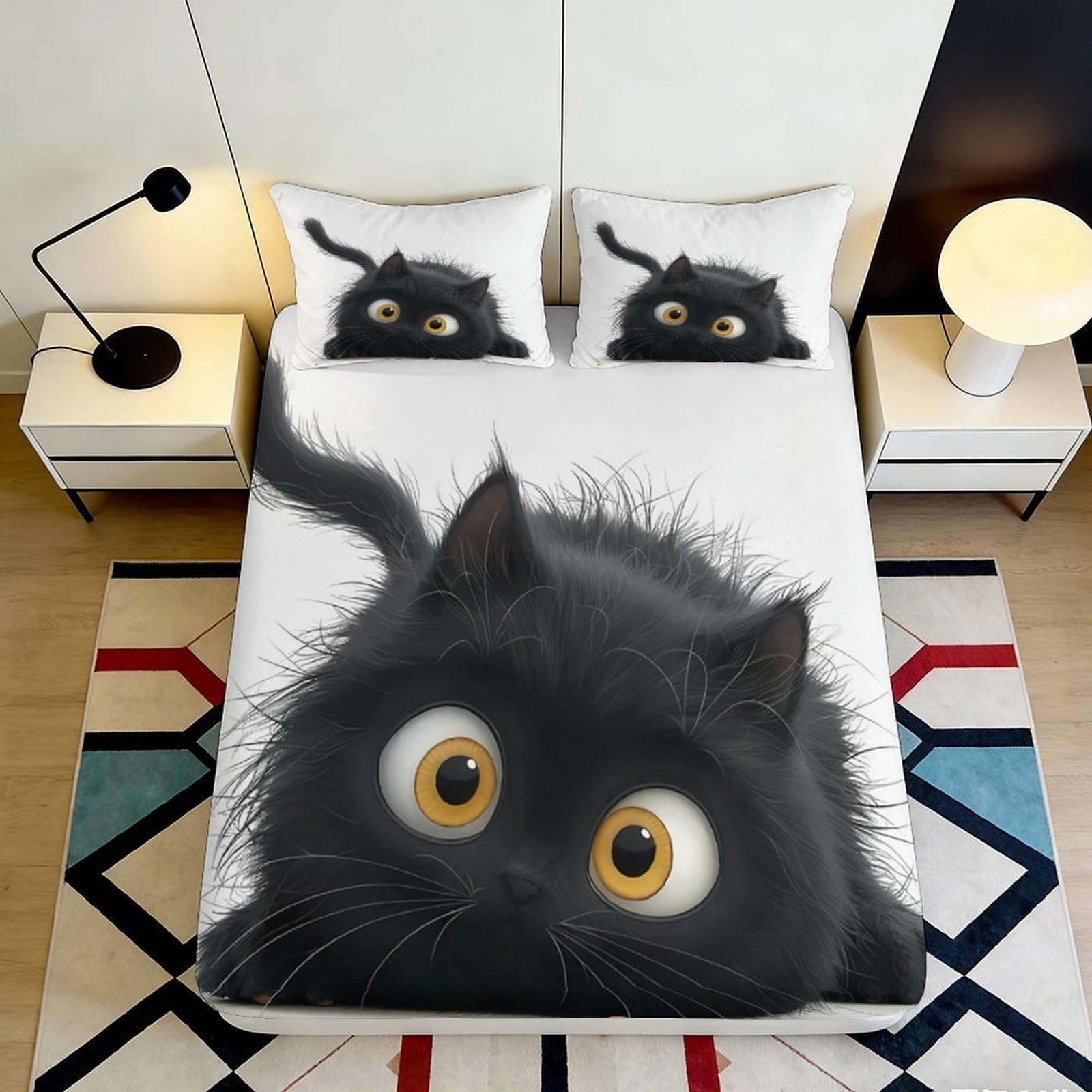 3D Printed Fluffy Black Cat Fitted Sheet Microfiber Soft Cartoon Eyes Mattress Cover for Bedroom Dorm Decor 160x200x25cm