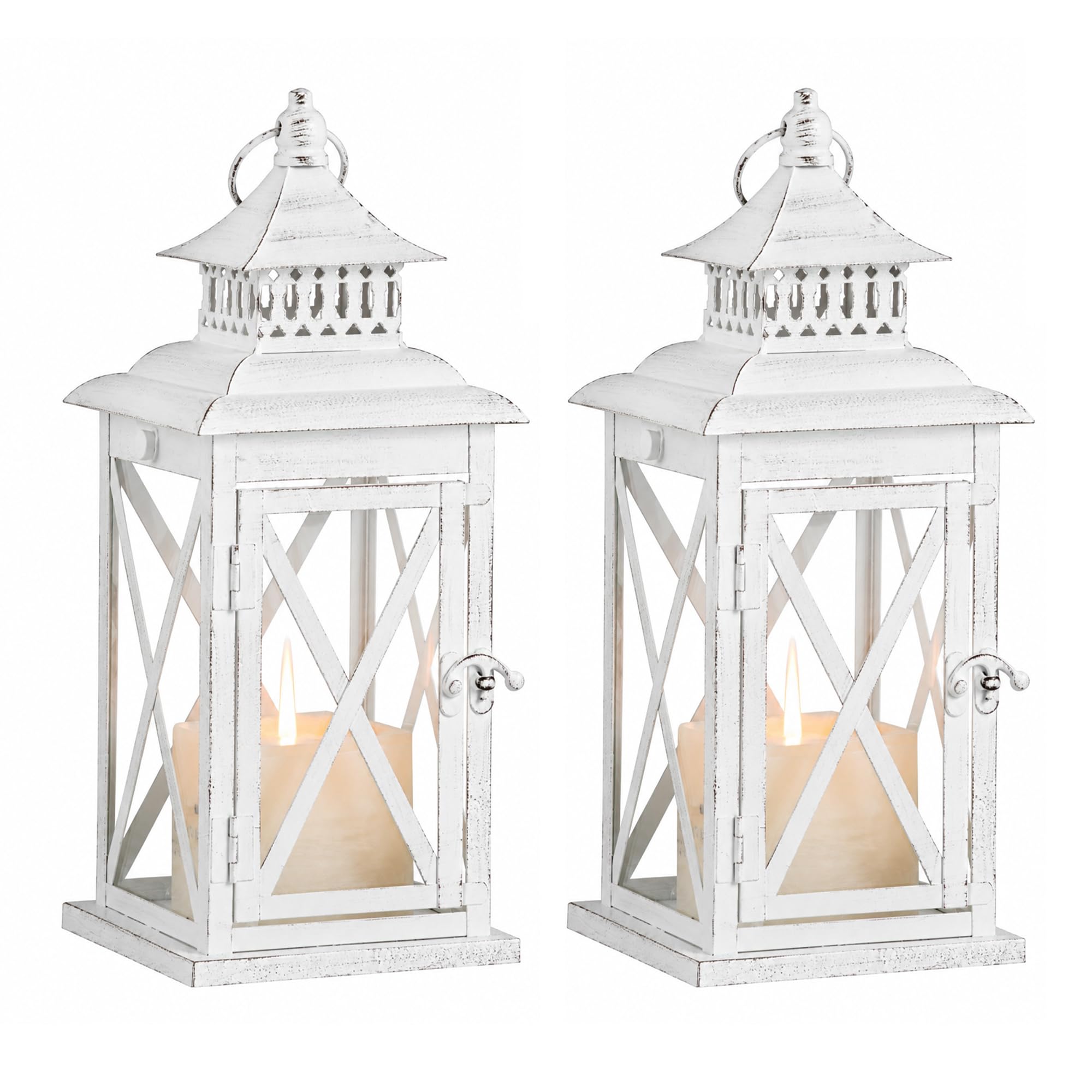 Lantern Decorative Indoor &amp; Outdoor, 2 PCS 14.8''H Large Square Hanging Spring Home Decor, Vintage Metal Decorative Candle Lanterns for Outdoor Patio Wedding Party (White with Black Brush)