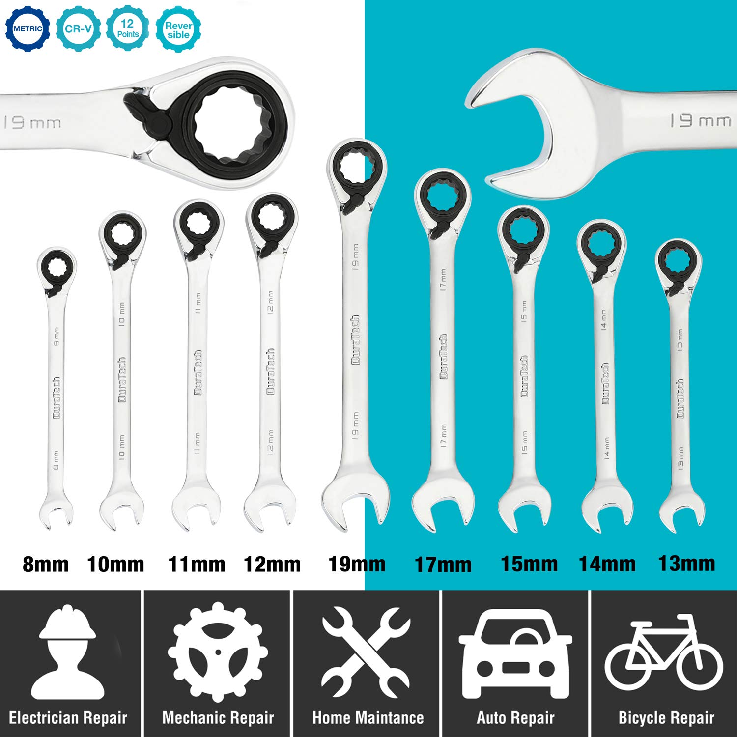DURATECH Set di 9 chiavi a cricchetto reversibili, set di chiavi combinata con testa fissa e astuccio a rotolo, metriche, 8-19 mm, 12 punti, acciaio Cr-V
