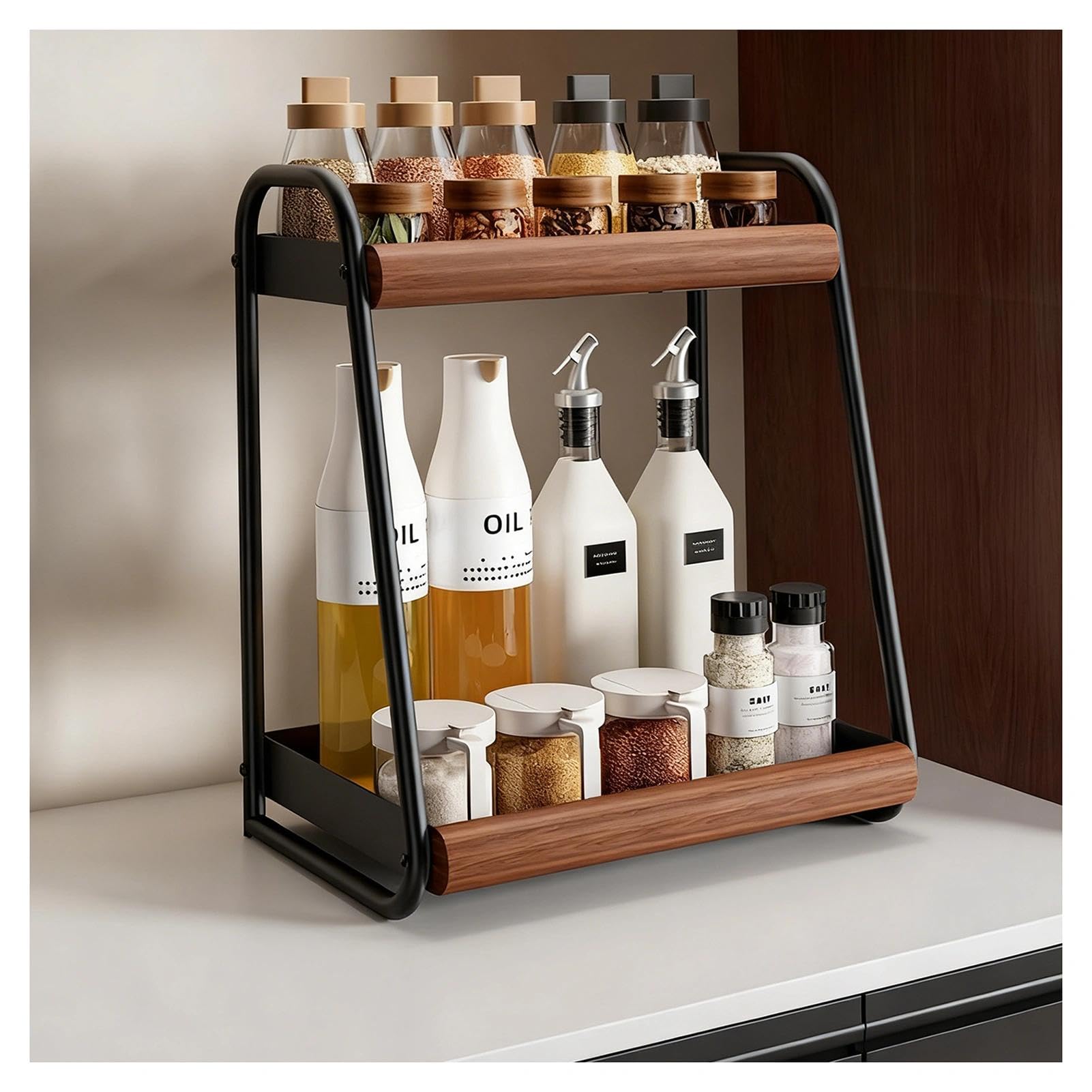 HADECOLL Vintage 2-Tier Spice Rack, Countertop Storage Organizer, Carbon Steel And Wood Stand For Sugar, Salt, Pepper And Oil Bottles,Black-11.8in