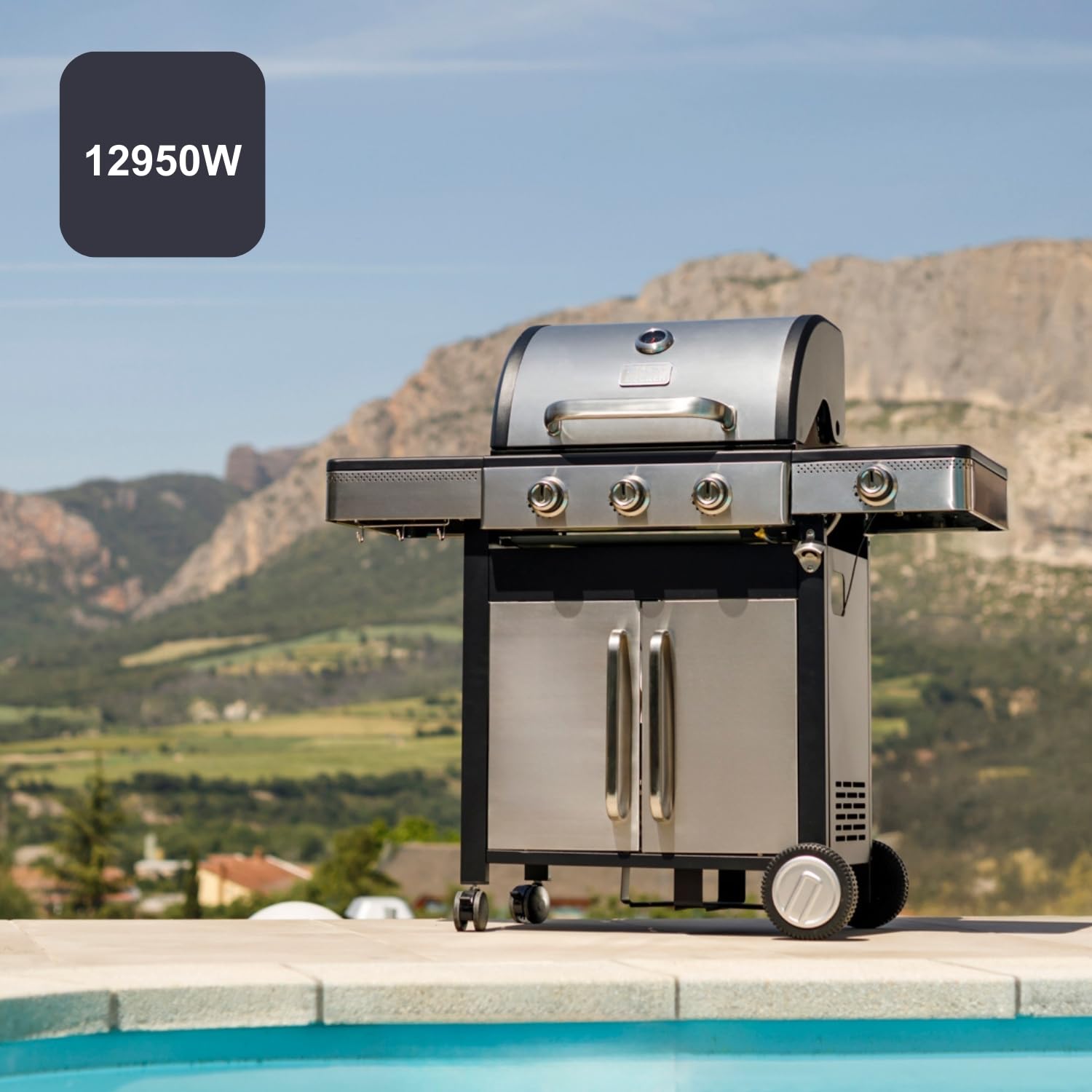 Black+Decker Barbecue à gaz BXOG12950E | 3 brûleurs 3,6 kW + côté 2,1 kW | Grille en fonte | Nettoyage facile | Thermomètre en acier inoxydable | Zone de cuisson flexible | Roulettes pivotantes