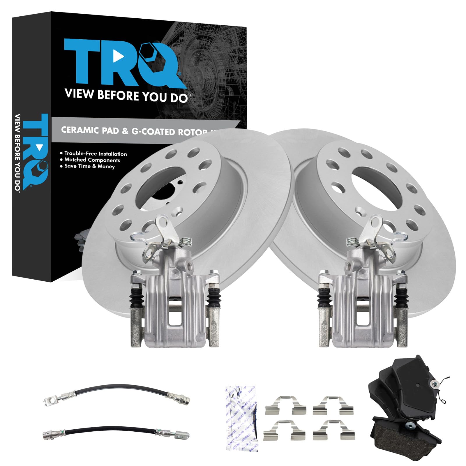 TRQ Rear Brake Pad and Rotor Set Ceramic Coated Rotors Calipers Compatible with 2011-2013 Audi A3 2014 Volkswagen Jetta