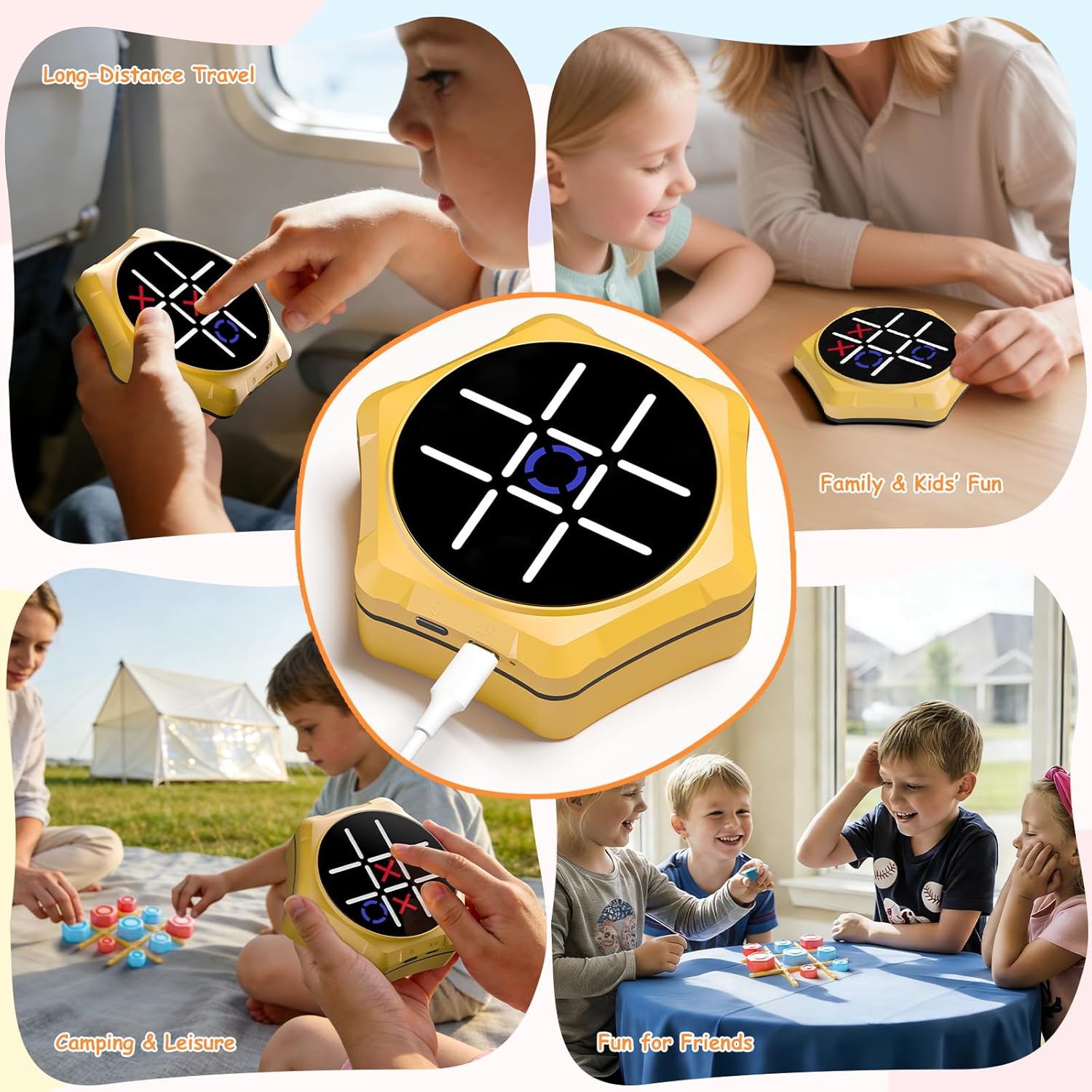Electronic Tic Tac Toe Game, 5-in-1 Electric Tic Tac Toe with Mute & Rechargeable - Handheld Travel Board Game for Kids Ages 4+, Adults, Family - Educational Learning Toy for Boys Girls, Yellow