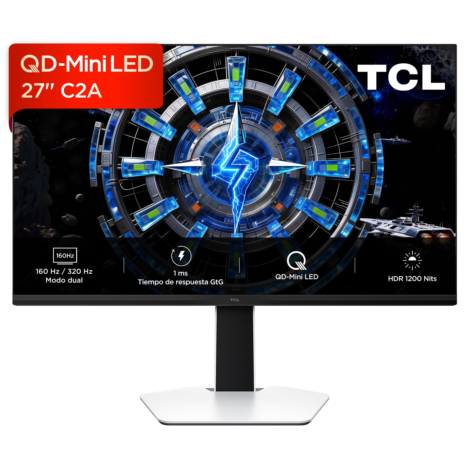 TCL 27C2A Monitor Gaming 27 Pulgadas QD-Mini LED 4K UHD 160Hz, 320Hz FHD, 1200 nits, 1ms, AMD FreeSync Premium
