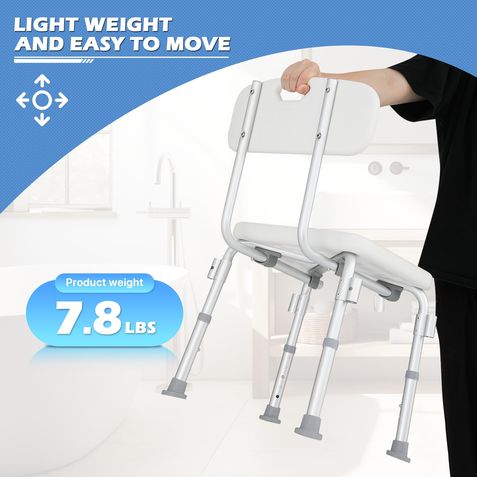 monicare Silla de ducha de altura ajustable para baño, bañera interior con respaldo y reposabrazos acolchado, silla de baño de seguridad antideslizante para adultos, personas mayores, personas