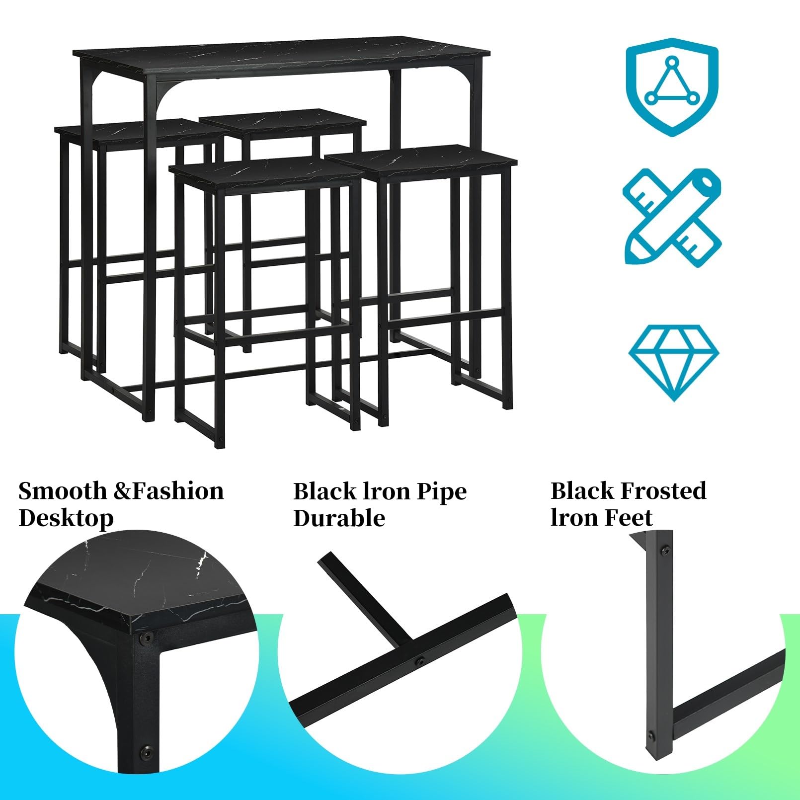 Table de Bar avec 4 Tabourets, Table Haute Cuisine, Table a Manger avec 4 Chaises, Table Haute 100 × 50 × 90 CM, 4 Tabourets 30 × 40 × 65 CM, Noir