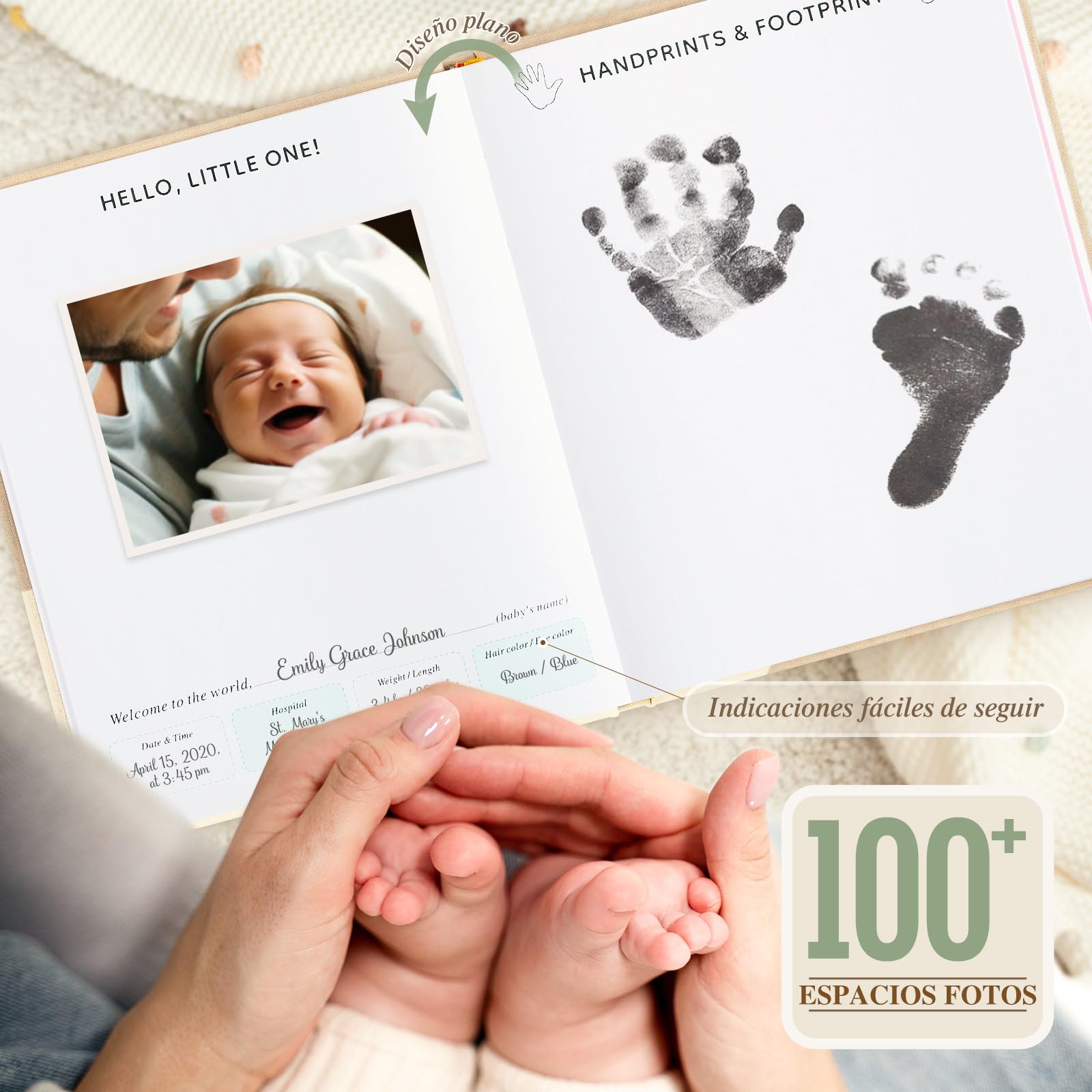 Lanpn Album Bebe Primer 5 Año para Niña Niño, Libro Recuerdos Bebé para Pegar Fotos y Escribir, Hello Baby Libros Cuaderno Diario Álbum Fotos Bebe Regalo Recién Nacido (Verde,154 Páginas, Inglés)