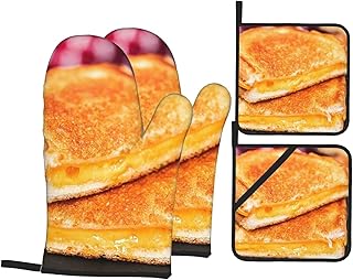 Grilled Cheese Sandwich Oven Mitts and Pot Holders 4 Pcs Set,High Heat Resistant 500 Degree Extra Thicken Long Kitchen Cotton Oven Glove for Cooking