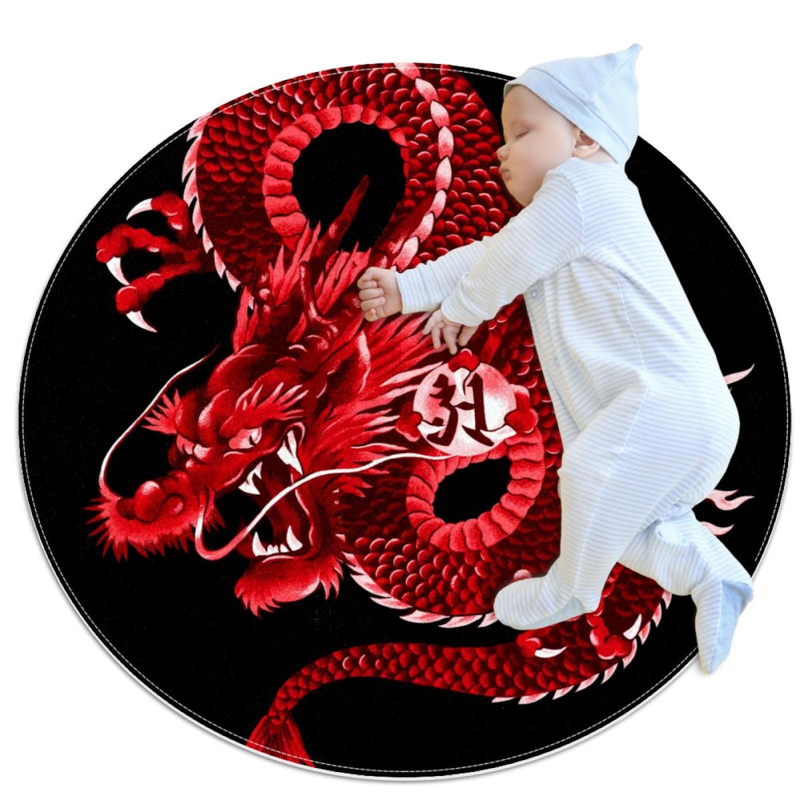 Tapis de jeu pour enfants JDEZ Tapis rond motif dragon pour chambres garçons et filles 80x80cm