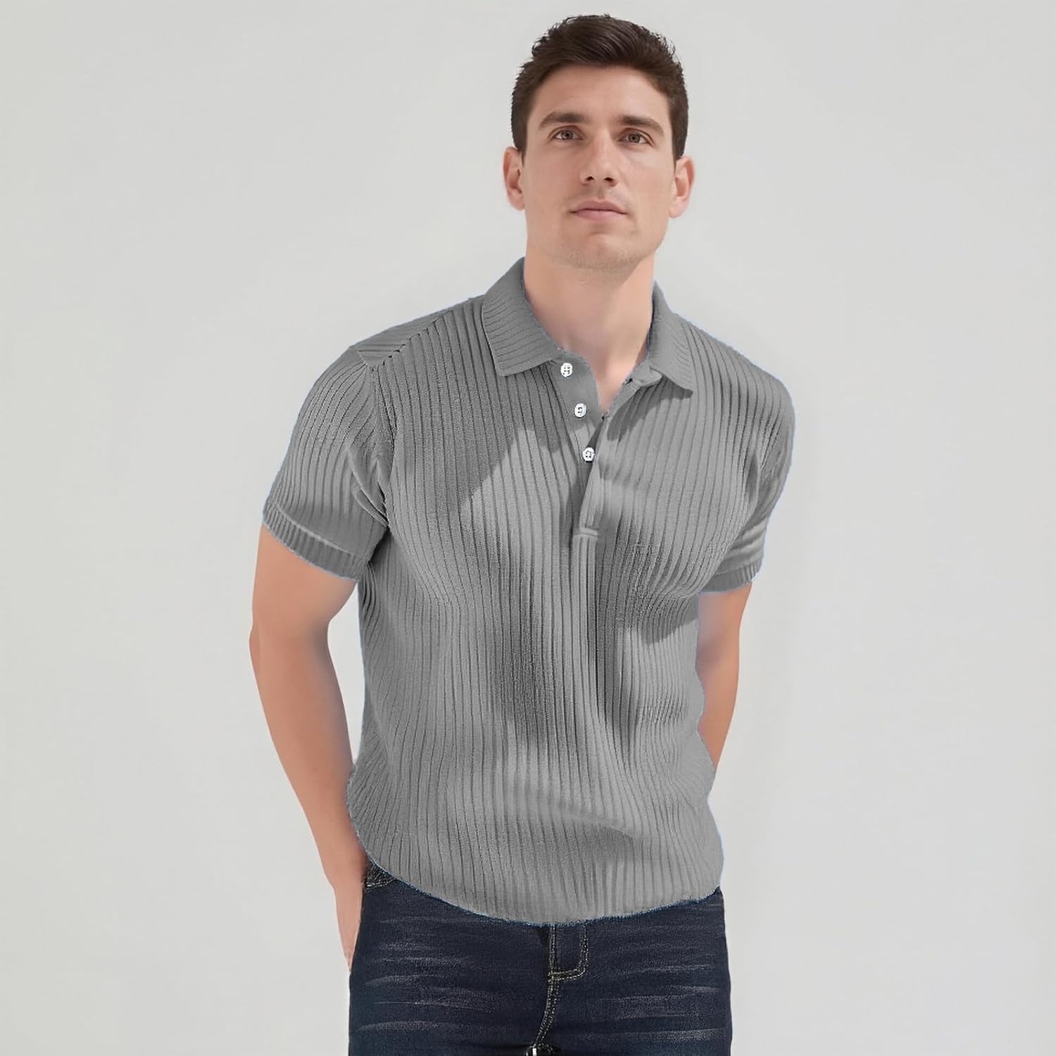 Hawyet Knitted Polo Shirts for Men Short Sleeve Textured Button Down Shirt Casual Summer Beach Tops Elasticity Golf Shirt