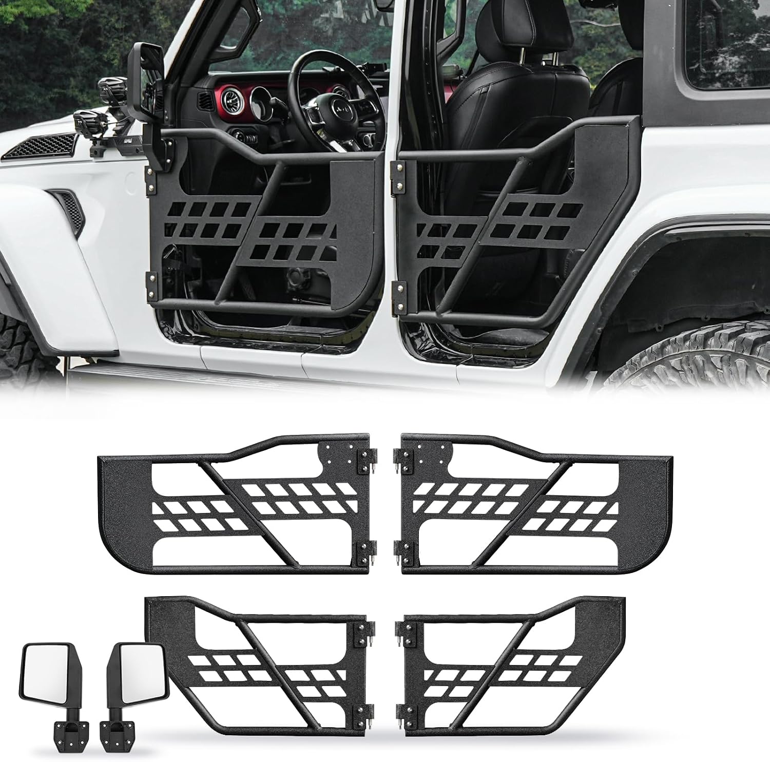 Tube Doors Tubular Half Doors for 2018-2024 Jeep Wrangler JL JLU & Gladiator JT 4 Door with Side View Mirror Off Road Summer Trail Adventure