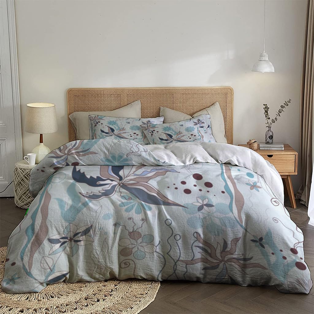 NIBAINLO 布団カバー青い色調の植物 肌に優しい ピーチスキン加工 掛け布団カバー 和式 洋式 あったか 布団カバーセット リバーシブル ホームステイ ホテル 家庭兼用