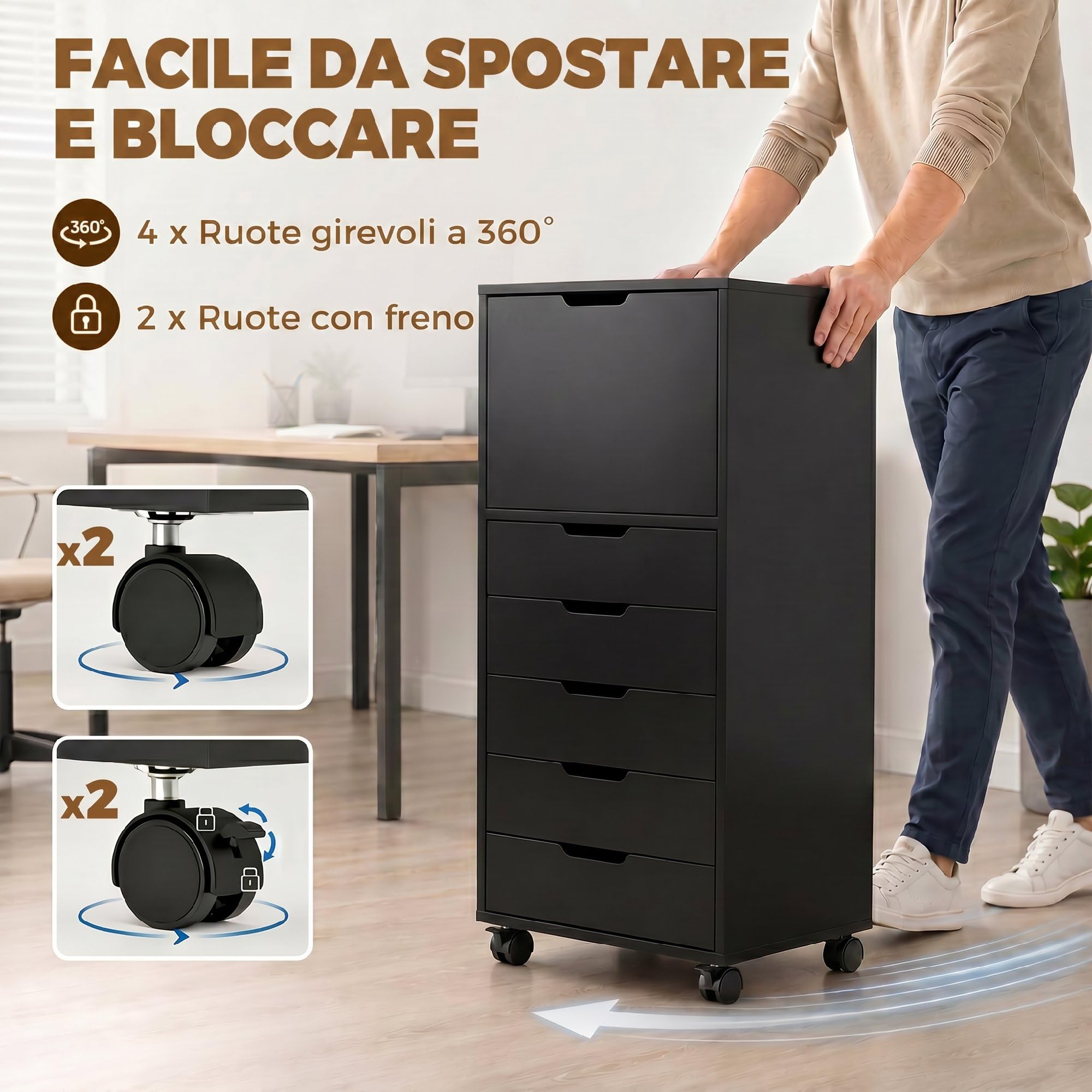 HOMCOM Schedario da Ufficio con 5 Cassetti Soft-Close 48x40x100 cm Nero | Armadio, Ruote a Freno, Cassettiera Scrivania per Documenti, Cassettiera Ufficio per Studio Sotto Scrivania
