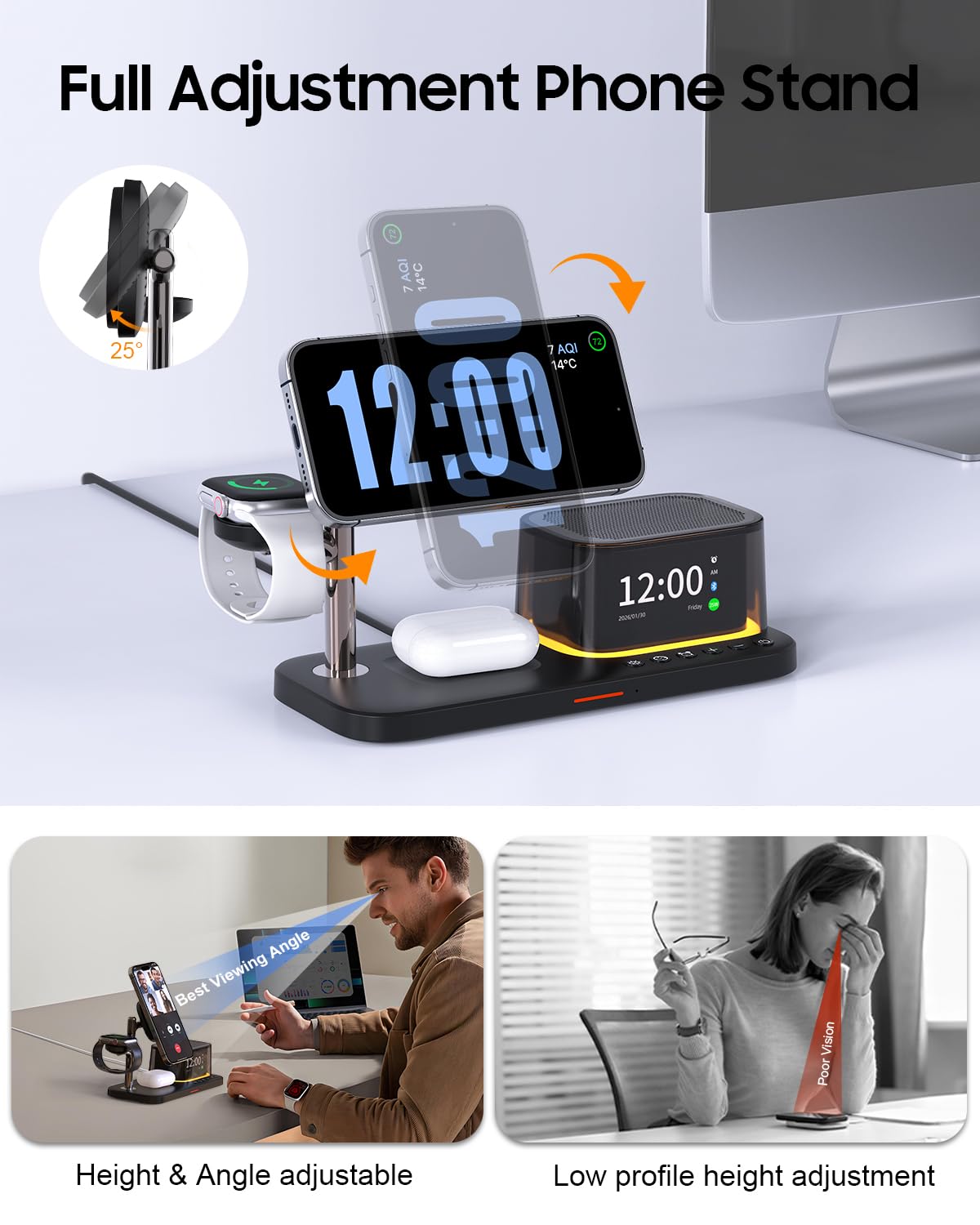 Caricabatterie wireless 7 in 1, altoparlante Bluetooth con sveglia, ricarica rapida per cellulari da 25W, luce d'atmosfera, compatibile con iPhone 17 16 15 Pro Max, auricolari, Samsung e Apple Watch