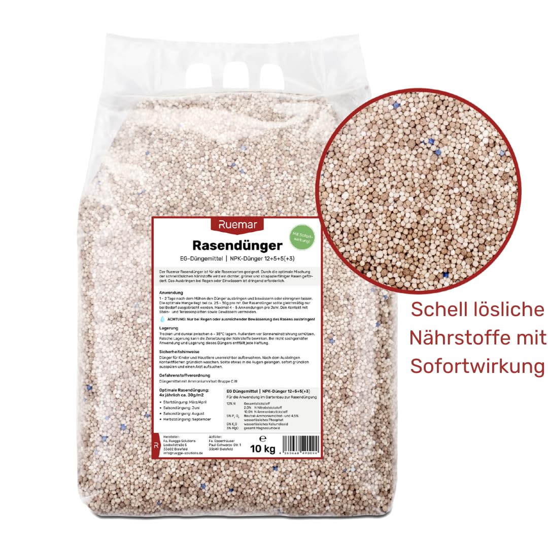 RUEMAR 10 kg Rasendnger, nhrstoffreicher Dnger fr Rasen und Garten,  wasserlsliches Granulat zum Streuen, fr alle Rasensorten, Sofort- und  Langzeitwirkung (3 Monate), EG Pflanzen Dngemittel : Amazon.de: Garten