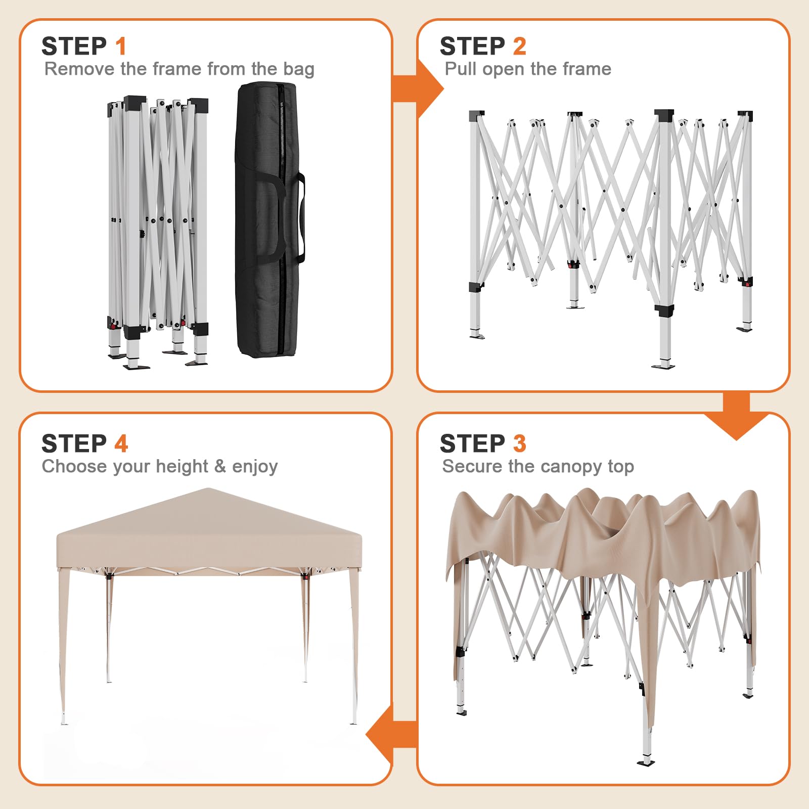 JUMMICO Gazebo 3x3 Pieghevole Impermeabile con 4 Parti Laterali，Gazebo Pieghevole Regolabile in Altezza,Gazebo da Giardino Protezione UV 50+,Gazzebo Da Giardino Campeggio Esterno Piscina Fiere,Beige