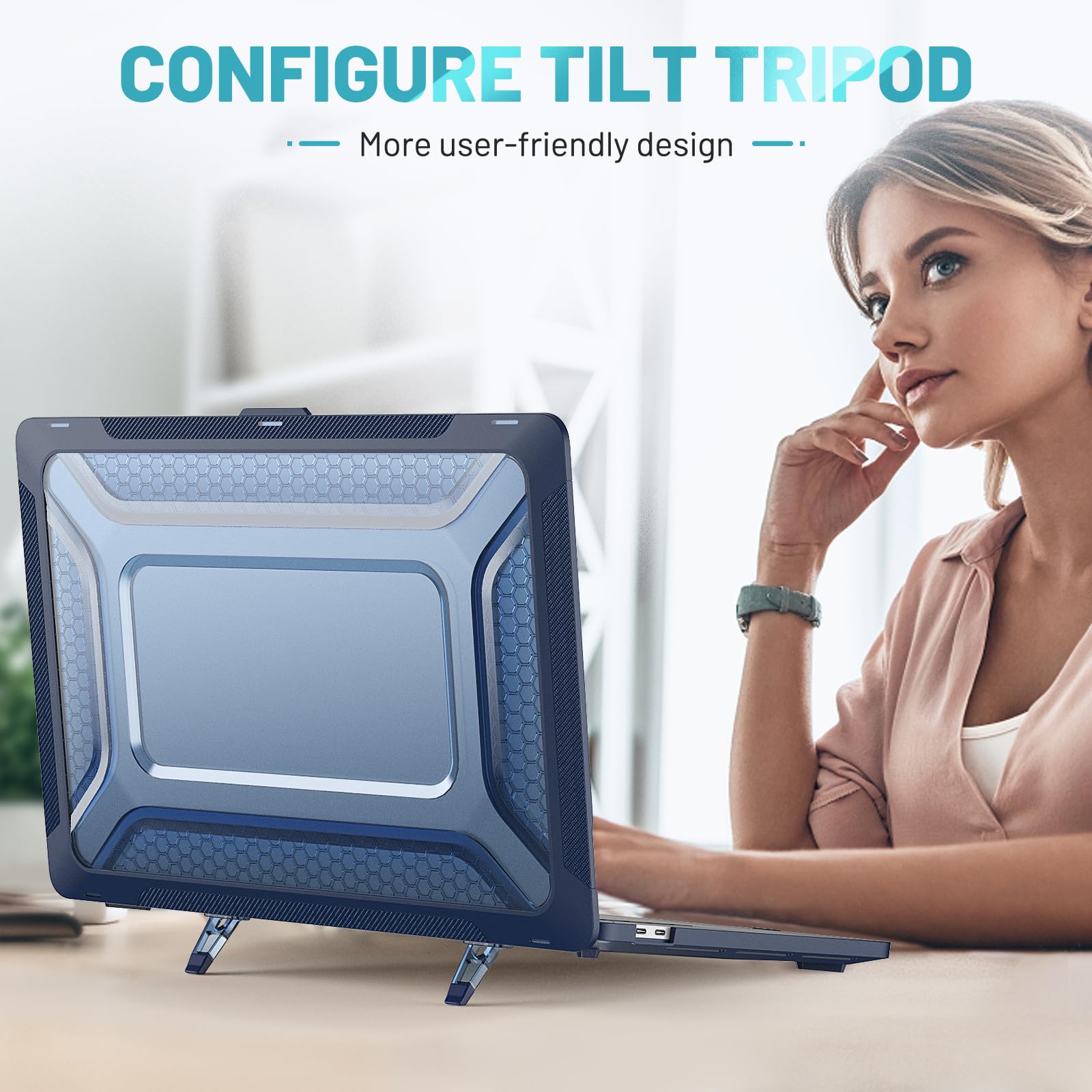 Custodia Hybird compatibile per MacBook Pro 16" 2019, guscio rigido classico in PC a nido d'ape + custodia in TPU con cavalletto pieghevole