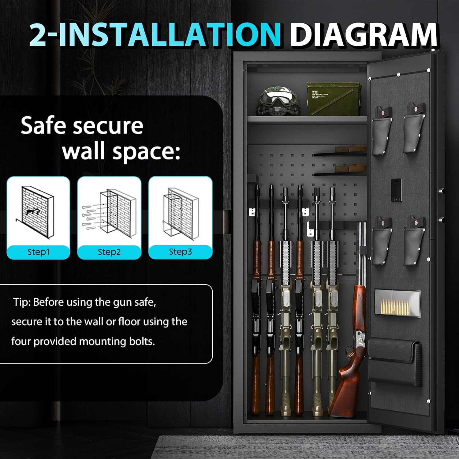 Diagram illustrating the steps for wall or floor mounting the gun safe.