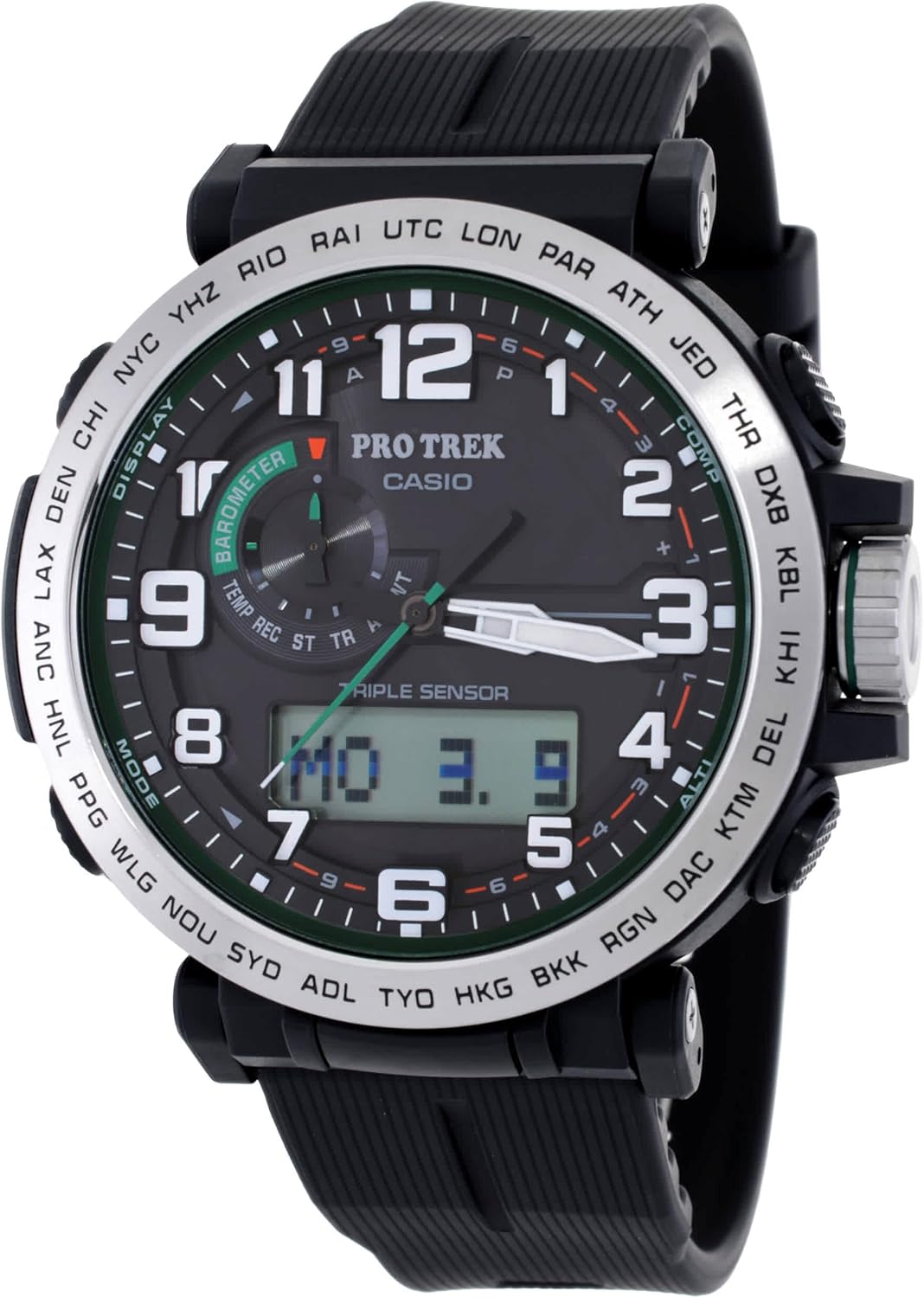 Close-up of the watch's black fabric strap with a metal buckle, made from recycled plastic.