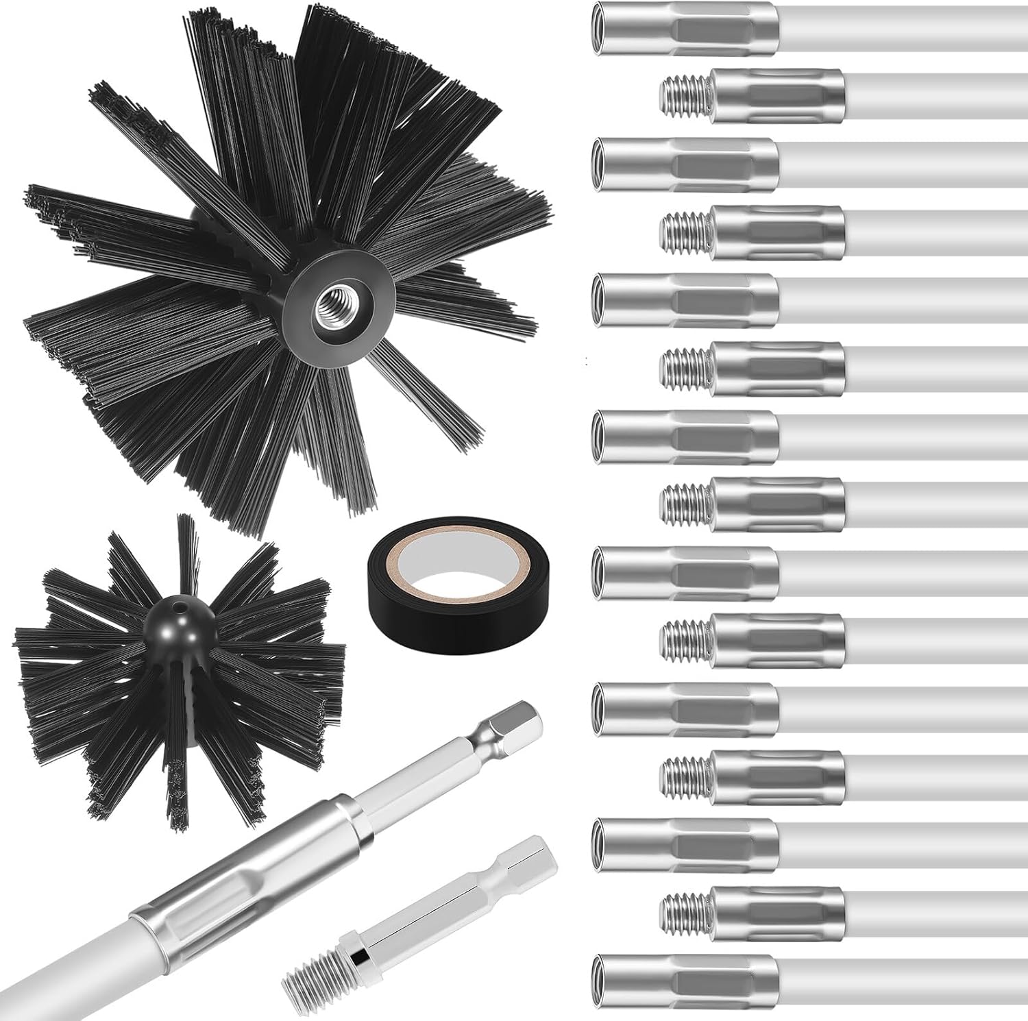 Chimney Cleaning Brush Kit Flexible Rods Vent Brush Fireplace Furnace Duct Sweeping Tool Chimney Stove Maintenance 15x410mm Hex Rods with Tape