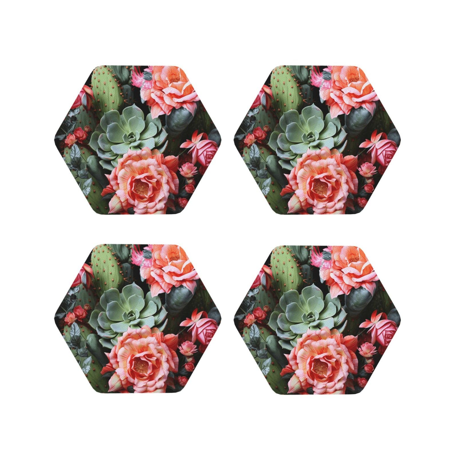 4Pcs PU Leather Coaster for Drinks, Roses Flowers and Cactus Cup Coastersr 4" Cup Mat Pad, Aesthetic Drink Coasters for Coffee Table, Hexagon Coaster for Tabletop Protection