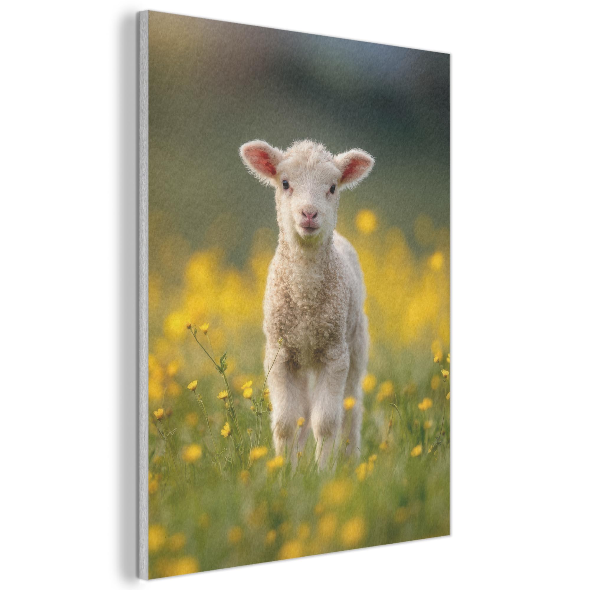 MuchoWow© Felt Panel 50x70 cm Framed Design Print Accent Interior Wallart Decoration Wall Art Lamb - Grass - Flowers - Yellow