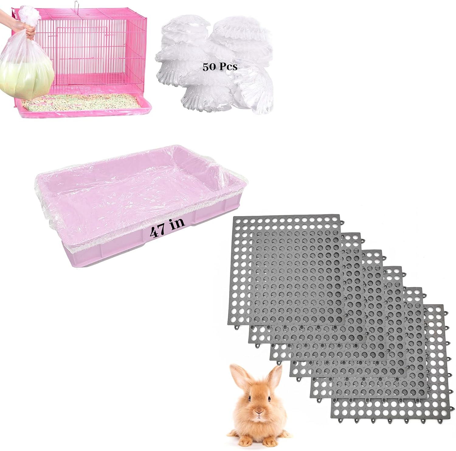 BNOSDM 50 PCS Disposable Rabbit Cage Liner Plastic Guinea Pig Cage Bedding and Rabbit Feet Pad 6 Pcs Rabbit Cage Mat Floor Plastic Bunny Resting Mat for Guinea Pig Chinchilla Ferret Small Animal