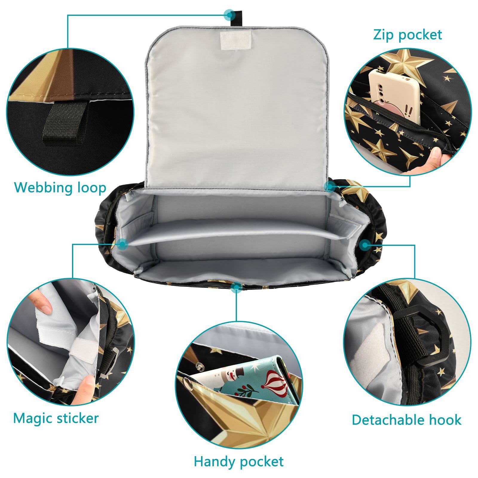 miaozhen Gold Stars Abstract Black Pattern stroller organizer stroller caddy with cup holder straps gancho para carriola accesorios para stroller