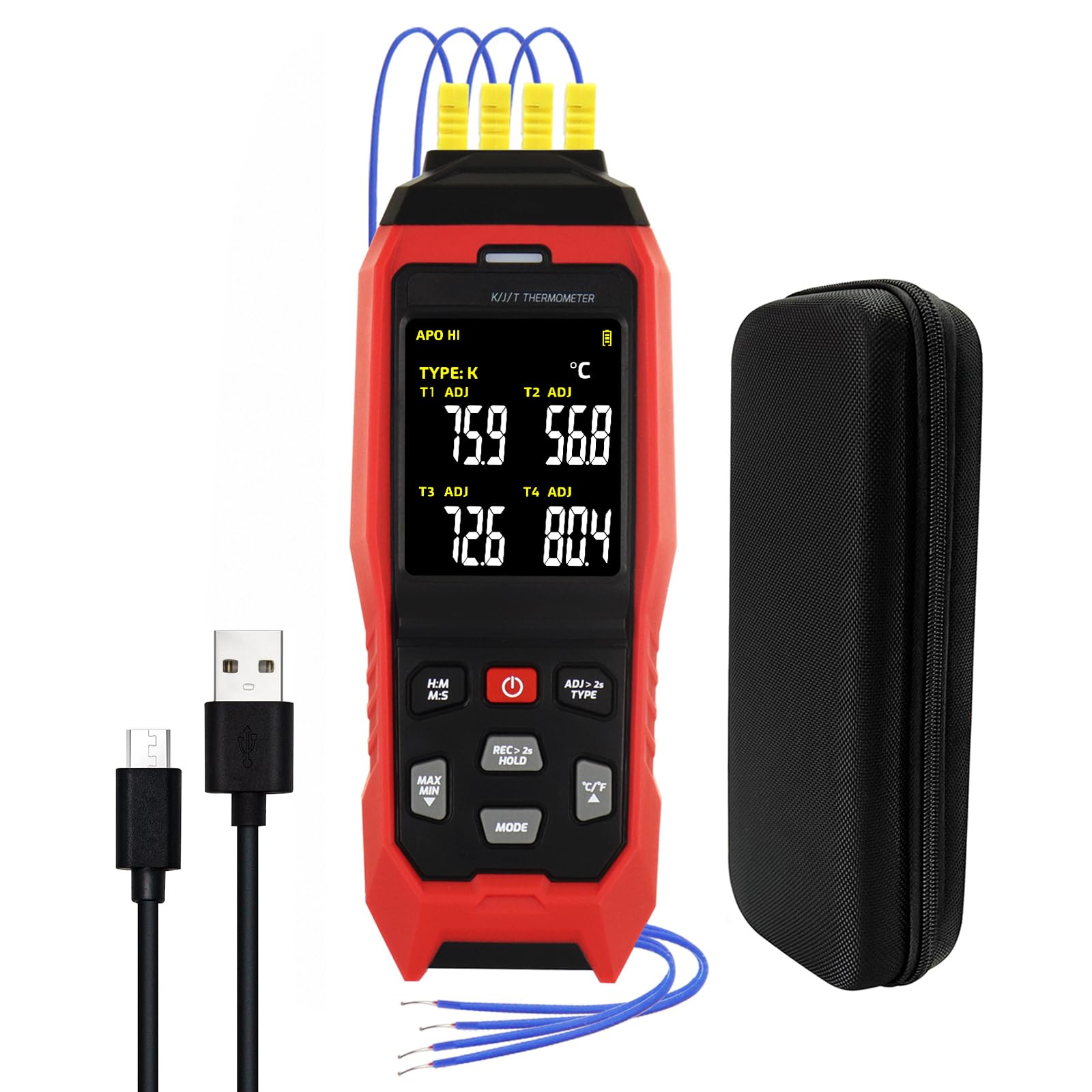 Termómetro digital de termopar de 4 canales tipo K/J, registrador de datos de temperatura con 5000 grupos de registros, alarma audible, apagado automático, rango de -200.0 °C a 1,371.7 °C, herramienta