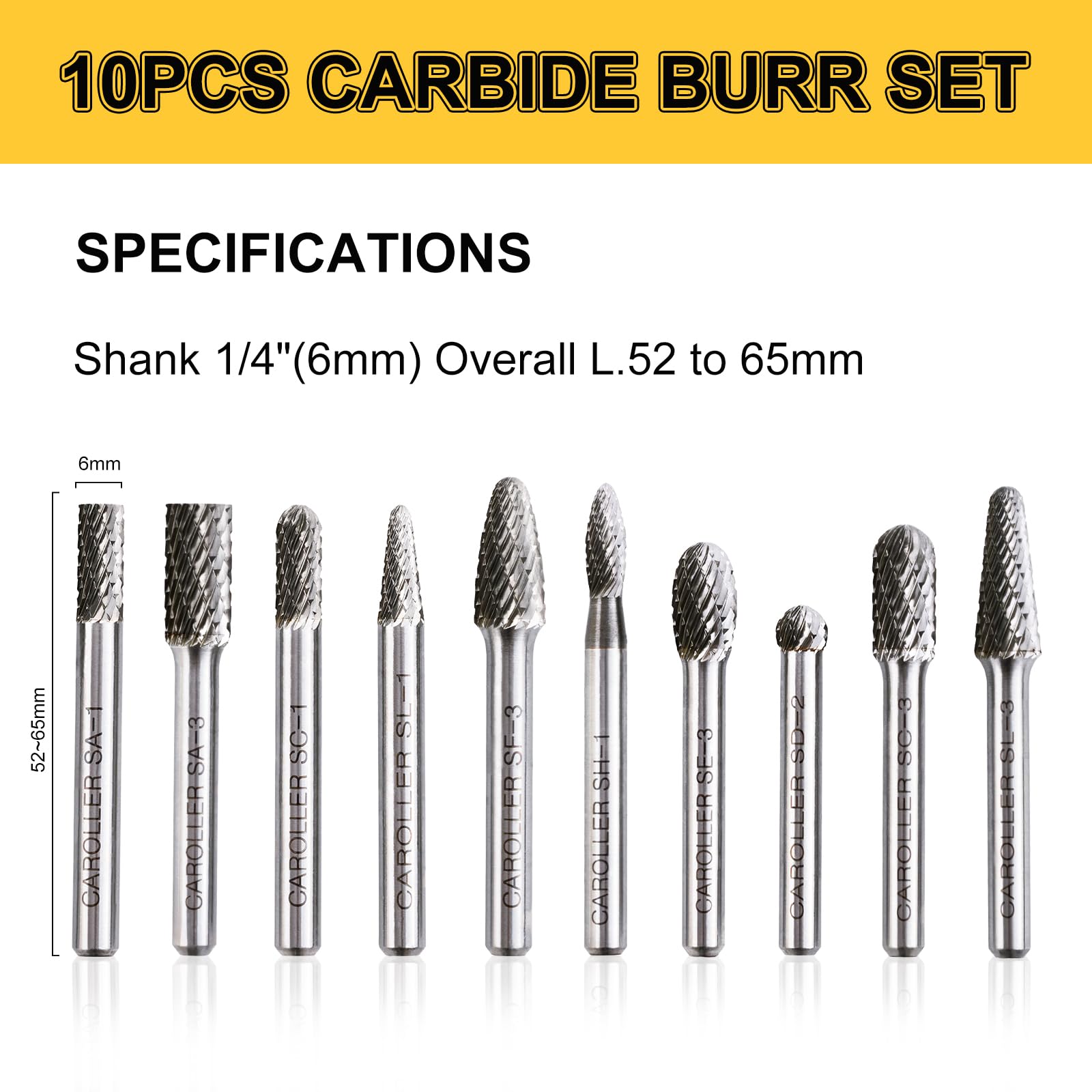CaRoller Carbide Burr Set,1/4" Shank,10PC Double Cut Die Grinder RotaryTool — Amazon image 2