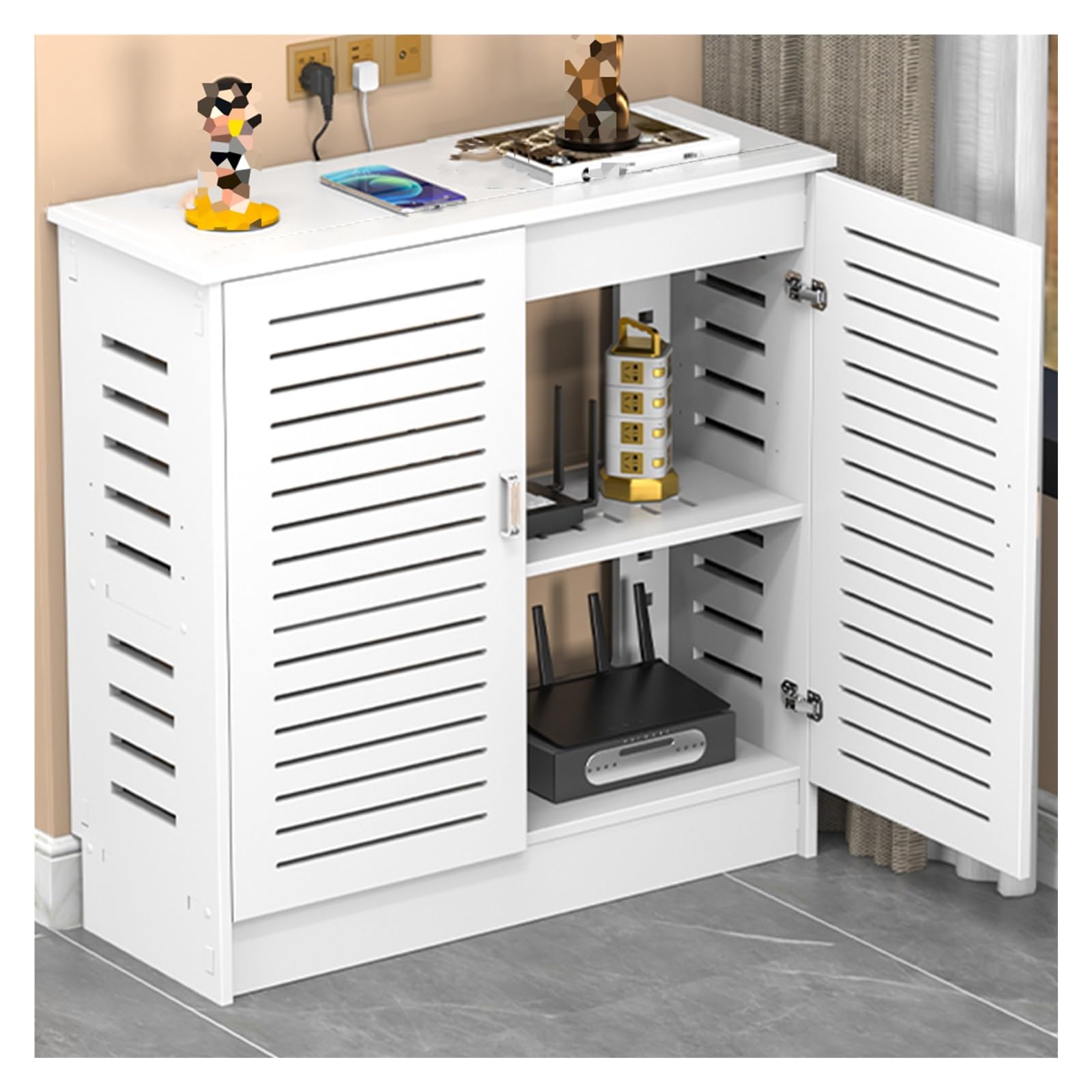 Stojący na podłodze router WiFi, szafka, organizer na kable PCW, do domu i biura, 85,4 x 25 x 78,5 cm, stylowa skrzynka routera do sieci bez bałaganu