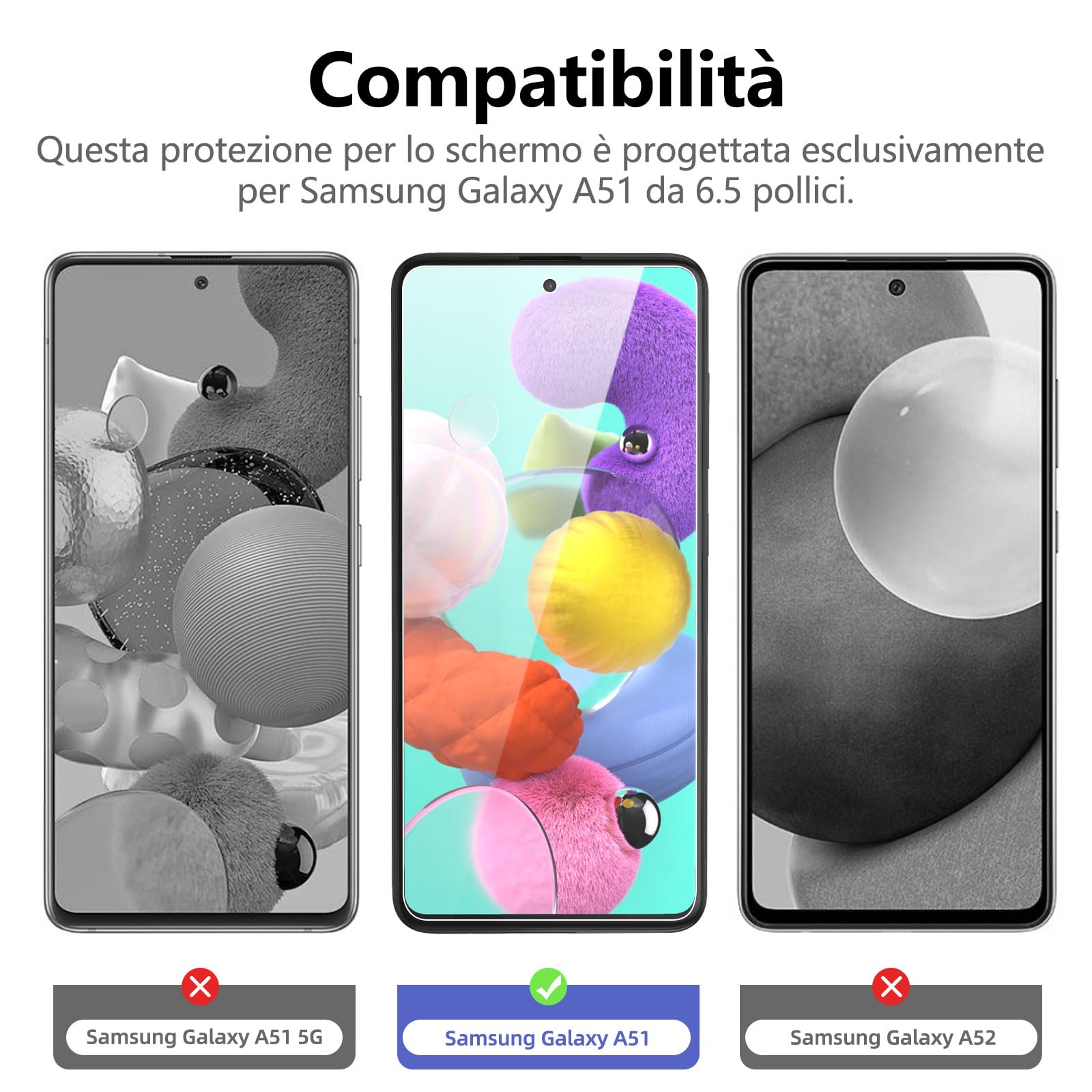 NEW'C 3 Pezzi, Vetro Temperato per Samsung Galaxy A51, Pellicola Prottetiva Anti Graffio, Anti-Impronte, Senza Bolle, Durezza 9H, 0,33mm Ultra Trasparente, Ultra Resistente