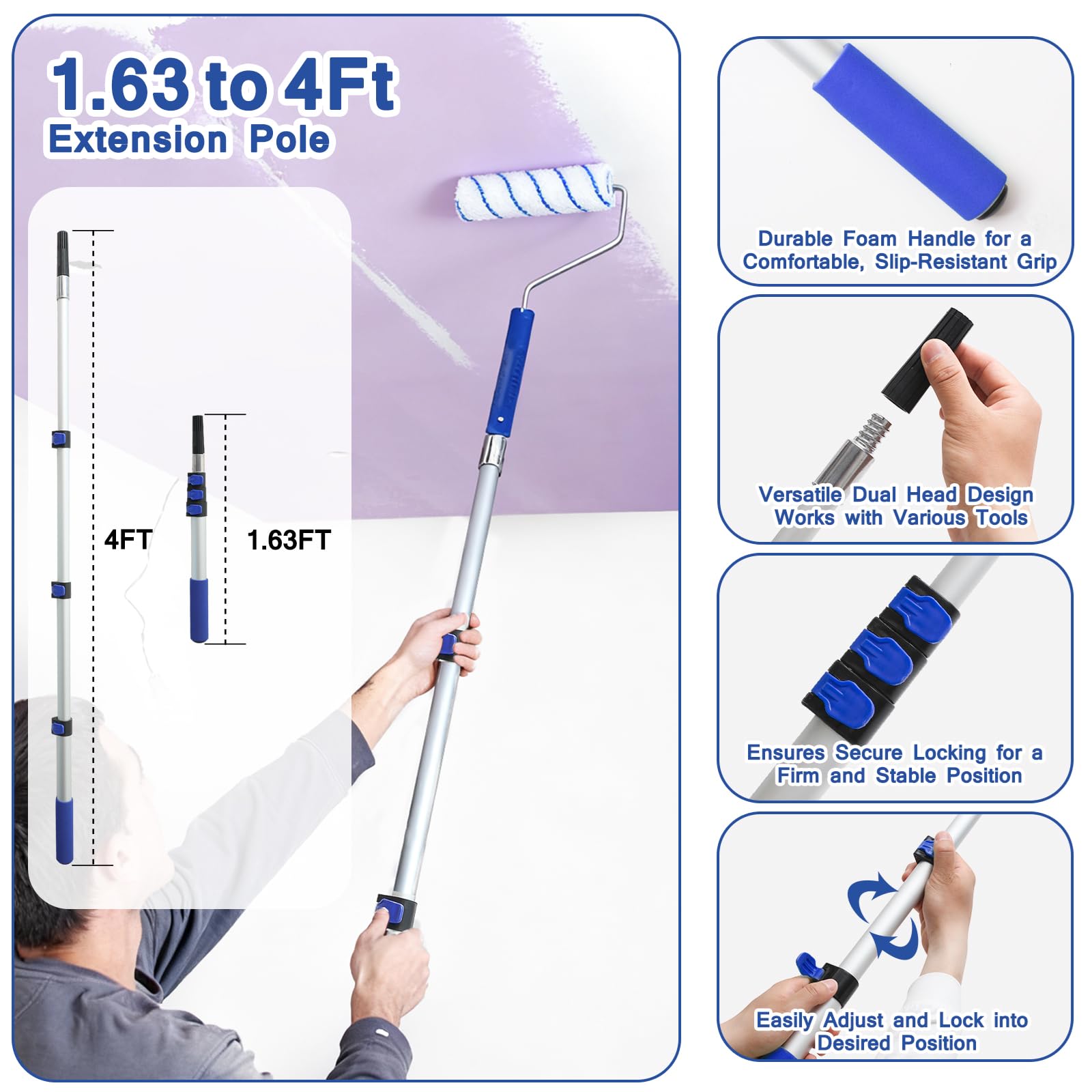 MAXWAVE Farbroller-Set mit Verlängerungsstange, 34-teiliges Set, 10,2 cm und 22,9 cm Farbroller, 4 m bis 1,2 m Stange, Malpinselzubehör für professionelle Hauswand, Latex, Ölfarben und Flecken