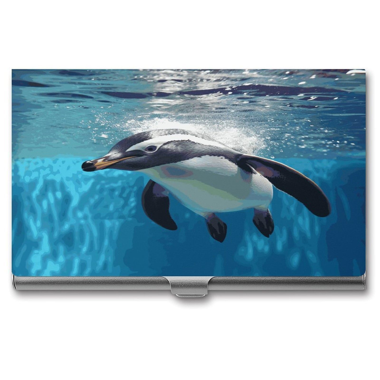 LDGSUPH Swimming Penguin Business Card Holder Fashion Slim Name Card Holder Minimalist Design Case Metal Card Carrier Personalized Business Card Case with Flip for Men Women