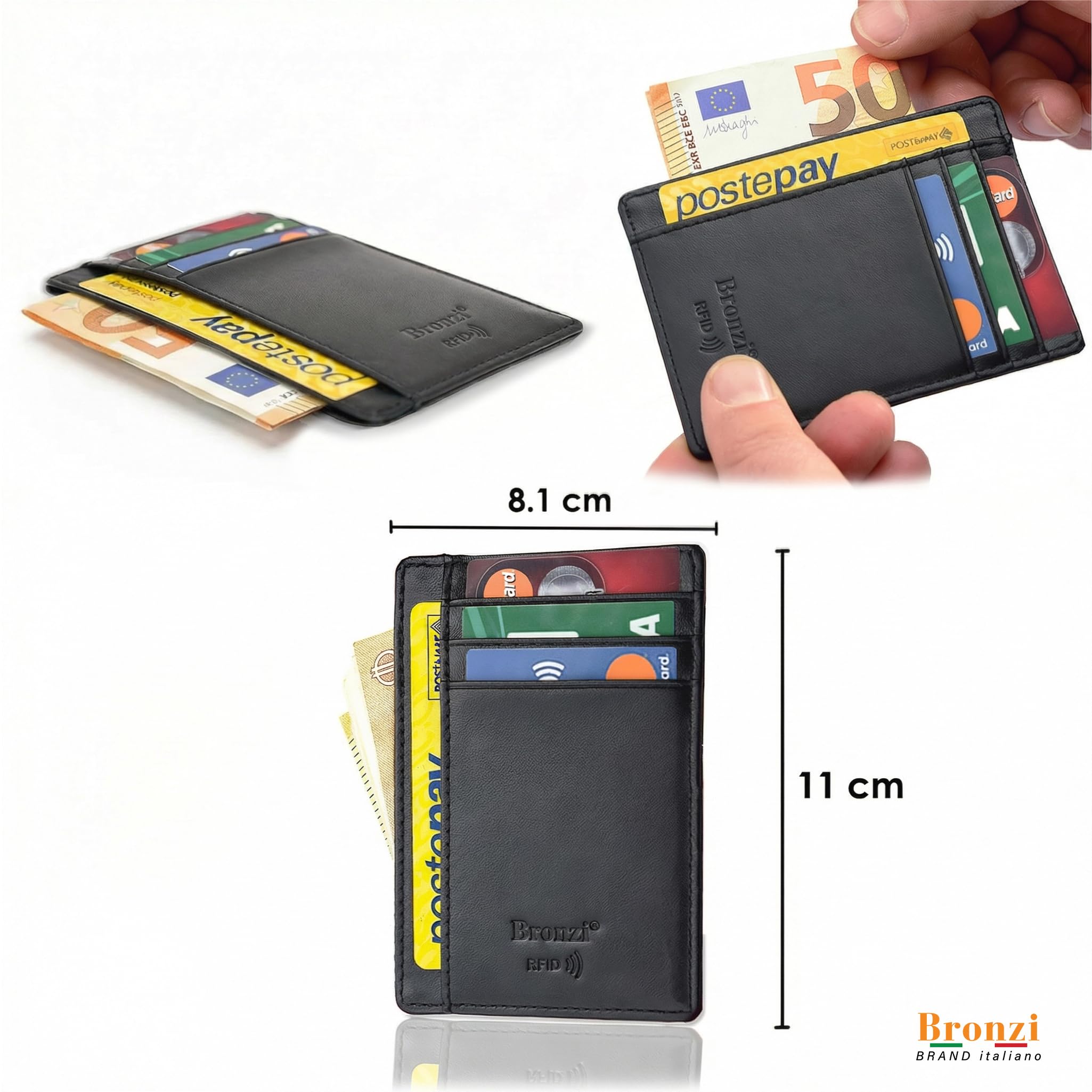 Bronzi® Portafoglio Uomo Slim | Pelle Alta Qualità Mini Nero| Piccolo Sottile Elegante | Portacarte Uomo Donna Portatessere Porta Carte Di Credito| Design Italiano Box Regalo