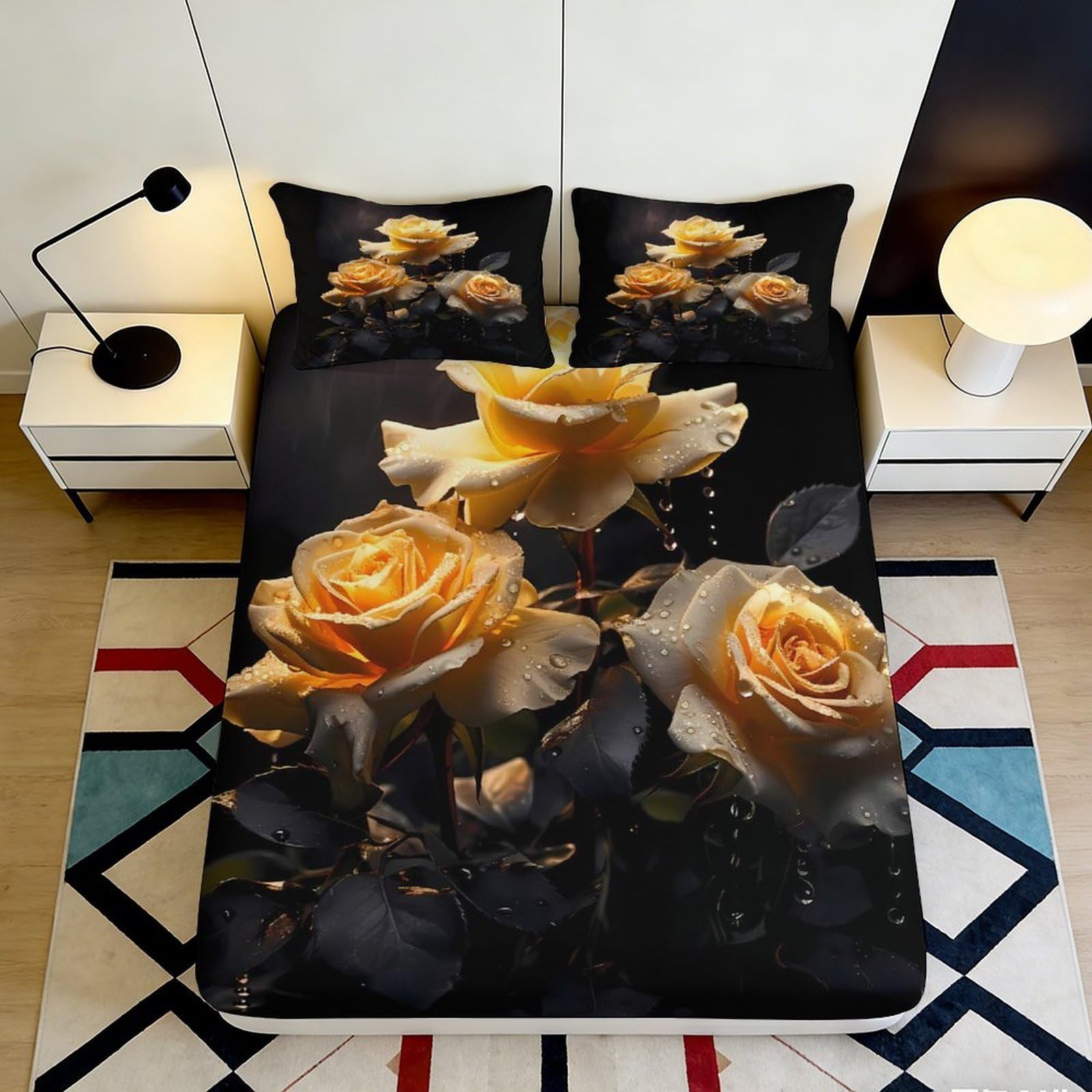 3D Printed Rose Fitted Sheet Microfiber Deep Pocket Elastic Hem Bedding Rose Mattress Fitted Cover for Bedroom 90x200x25cm