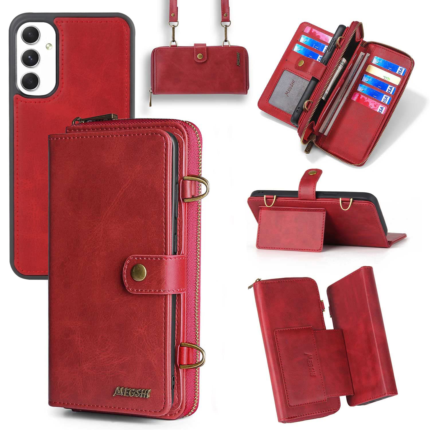 QIXIU for Samsung Galaxy A54 5G Wallet Case,Multi-Function Wallet Case,Detachable 3 in 1 Magnetic Galaxy A54 5G Case Wallet,Flip Strap Zipper Card Holder Phone Case with Shoulder Straps-Red