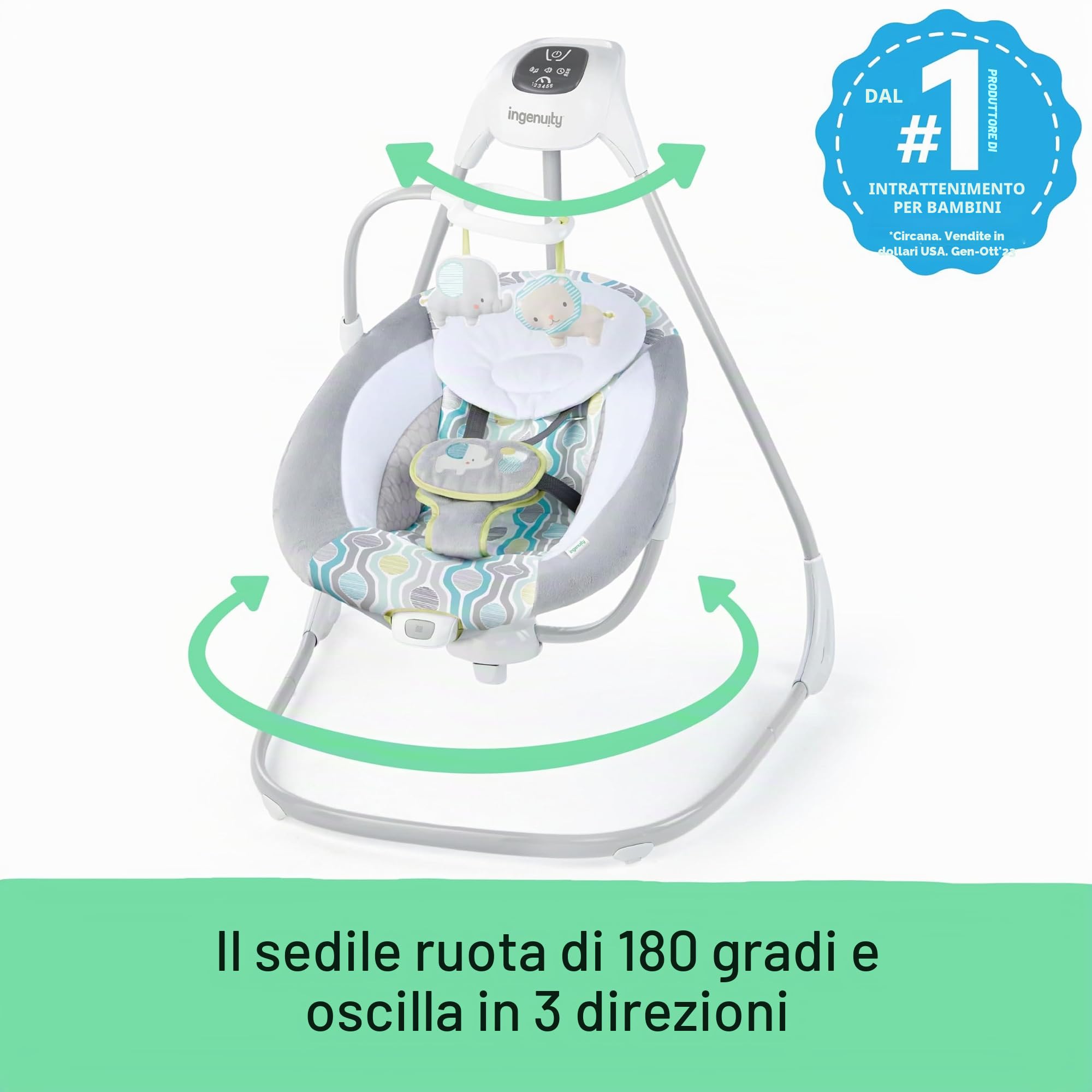 Altalena Alta Oscillante con Seduta Girevole Ingenuity, Altalena Simple Comfort Everston, Dondolino 2 direzioni con Giostrina Giochi, Melodie, Suoni Bianchi e Vibrazione, Maniglia trasporto e Ruote
