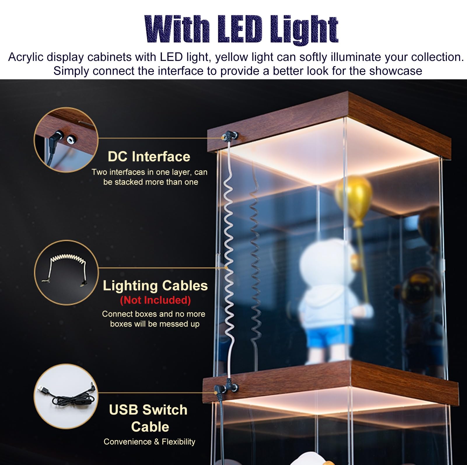 Vitrina de Acrílico Vitrina Diorama para Trofeos Altos con Luz Integrada | Cajas Expositoras de Acrílico de 20 25 30 45 50 55 60 70Cm, Vitrina de Alta Transmitancia(L30xW30xH60cm/12x12x24")