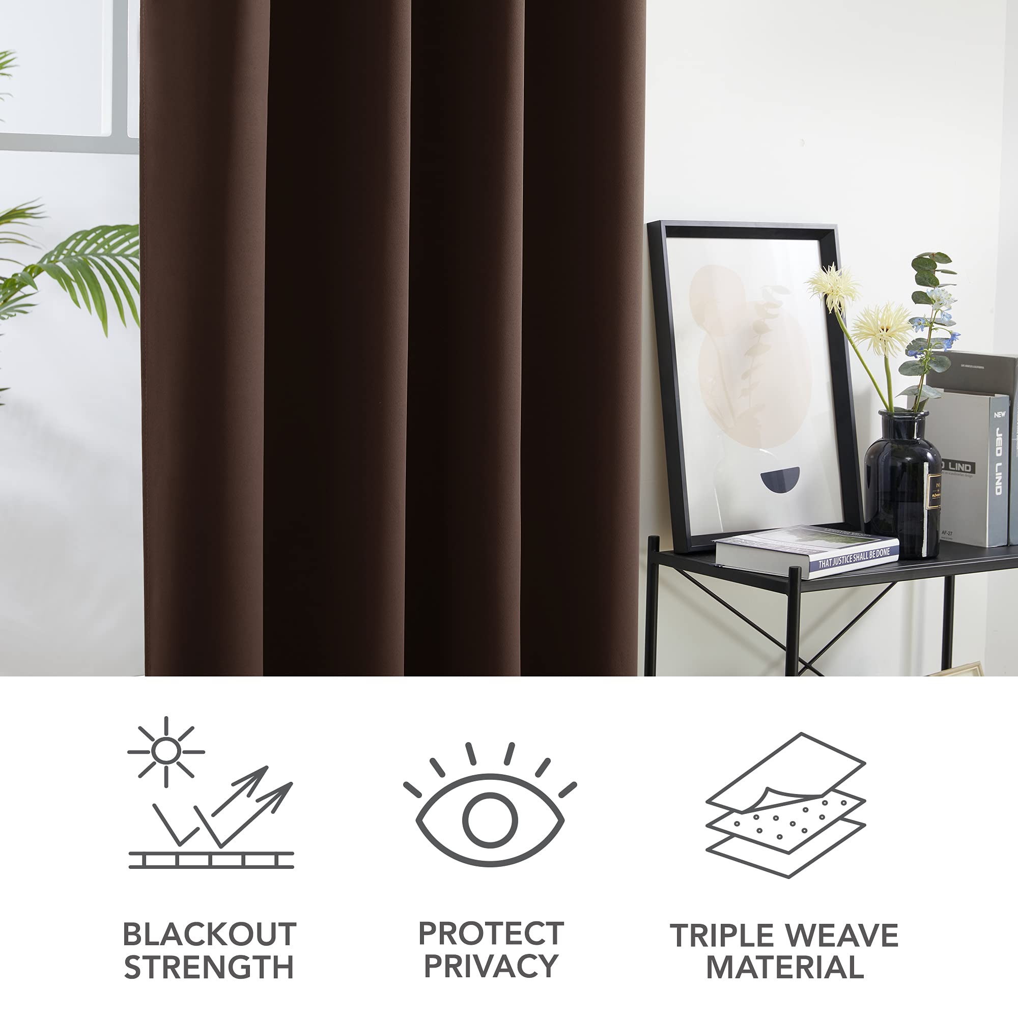 Deconovo Tende Oscuranti per Interni 2 Pezzi 180 CM Altezza, Termiche Isolanti, Anti-Rumore, con Anelli, Ideali per Camera da Letto e Soggiorno, 140x180 CM, Cioccolato